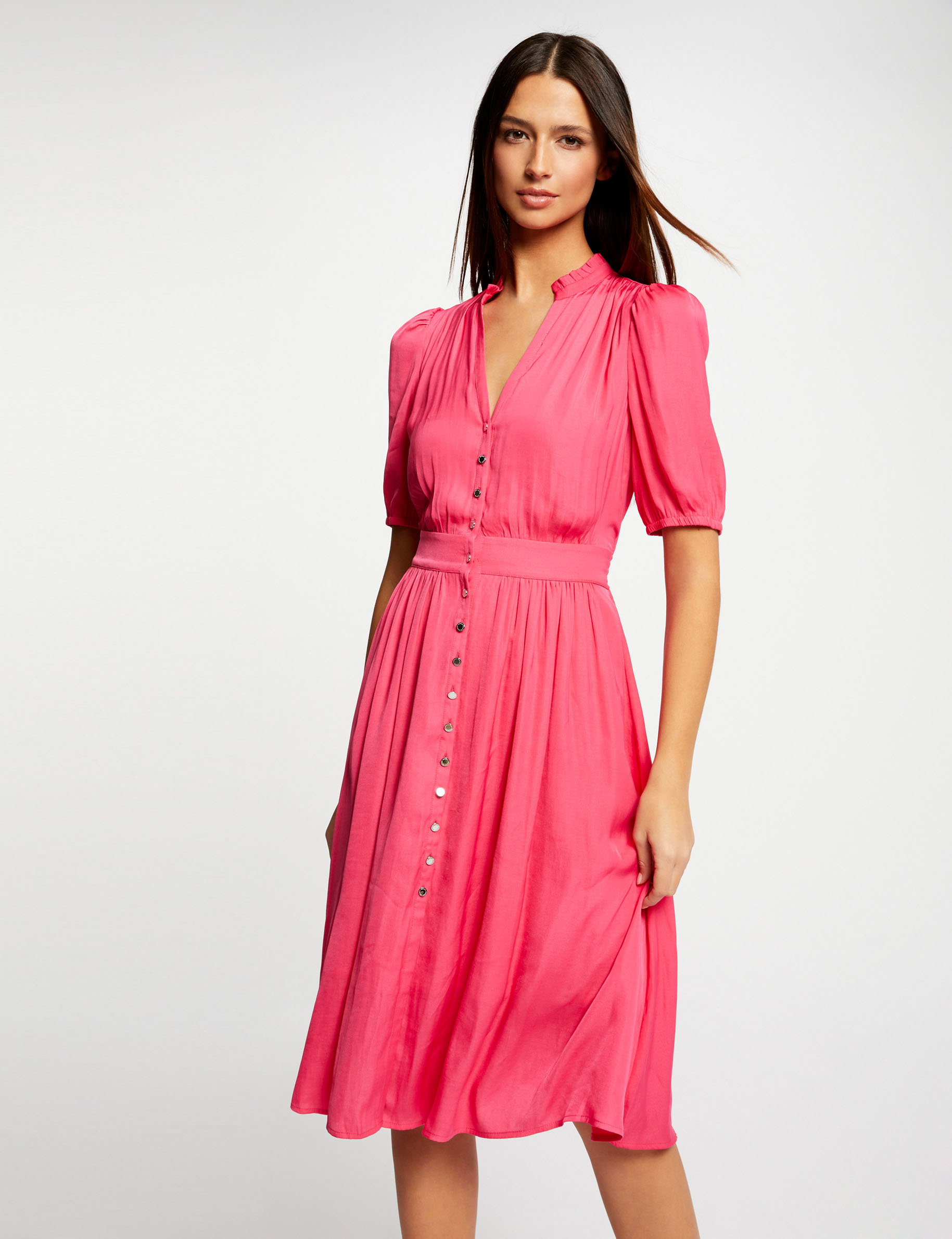 Robe manches 3/4 boutonnée à l'avant rose moyen femme Robe manches 3/4 boutonnée à l'avant rose moyen femme