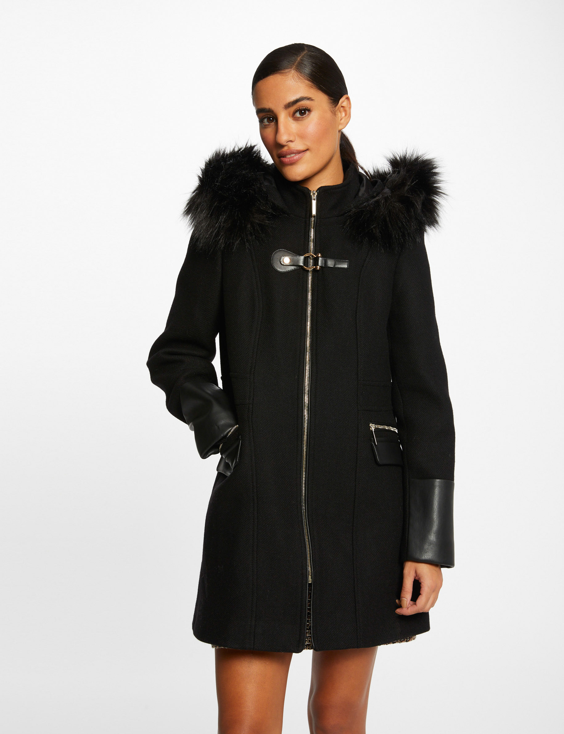 Manteau droit zippé à capuche noir femme Manteau droit zippé à capuche noir femme