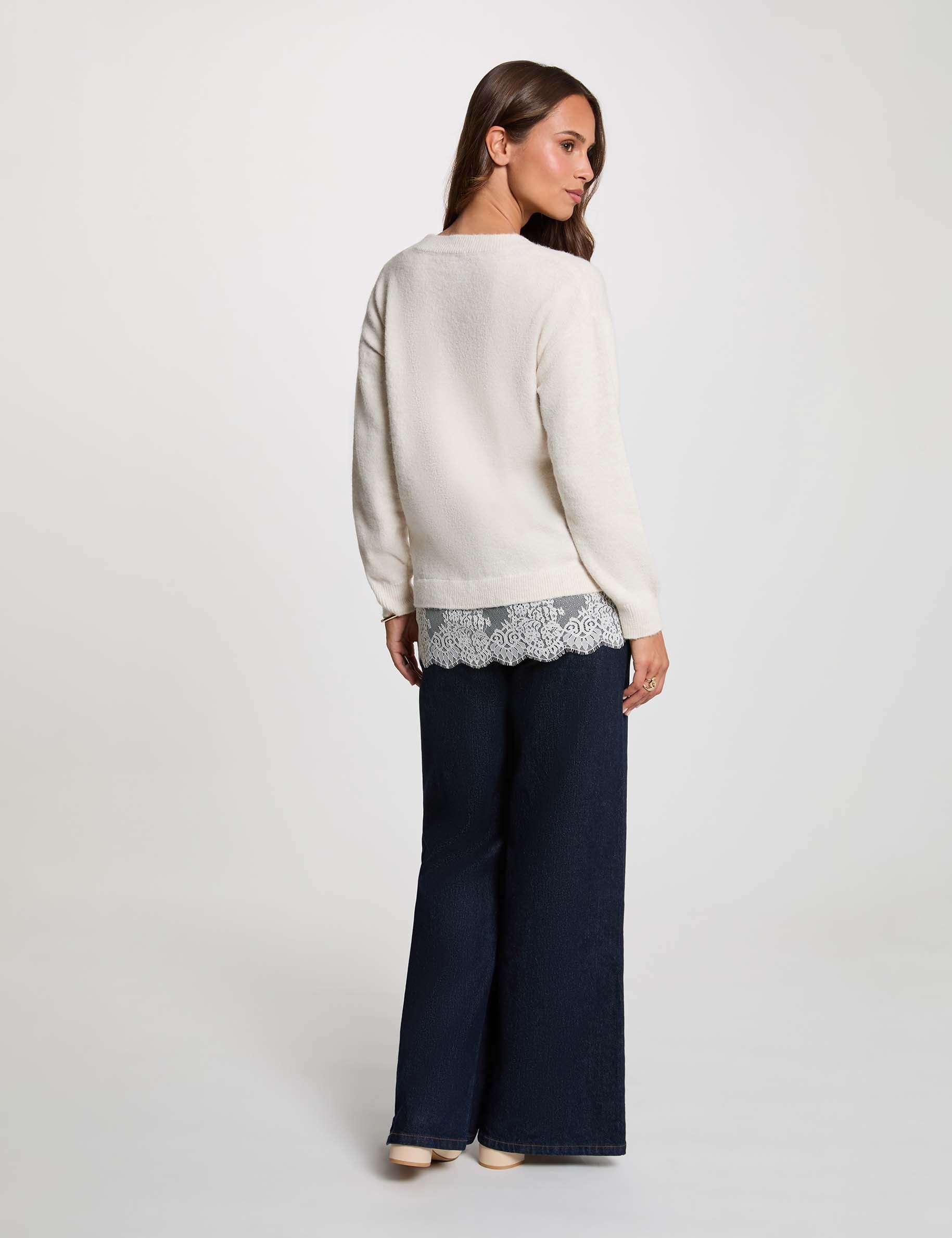 Pull col v manches longues ivoire femme