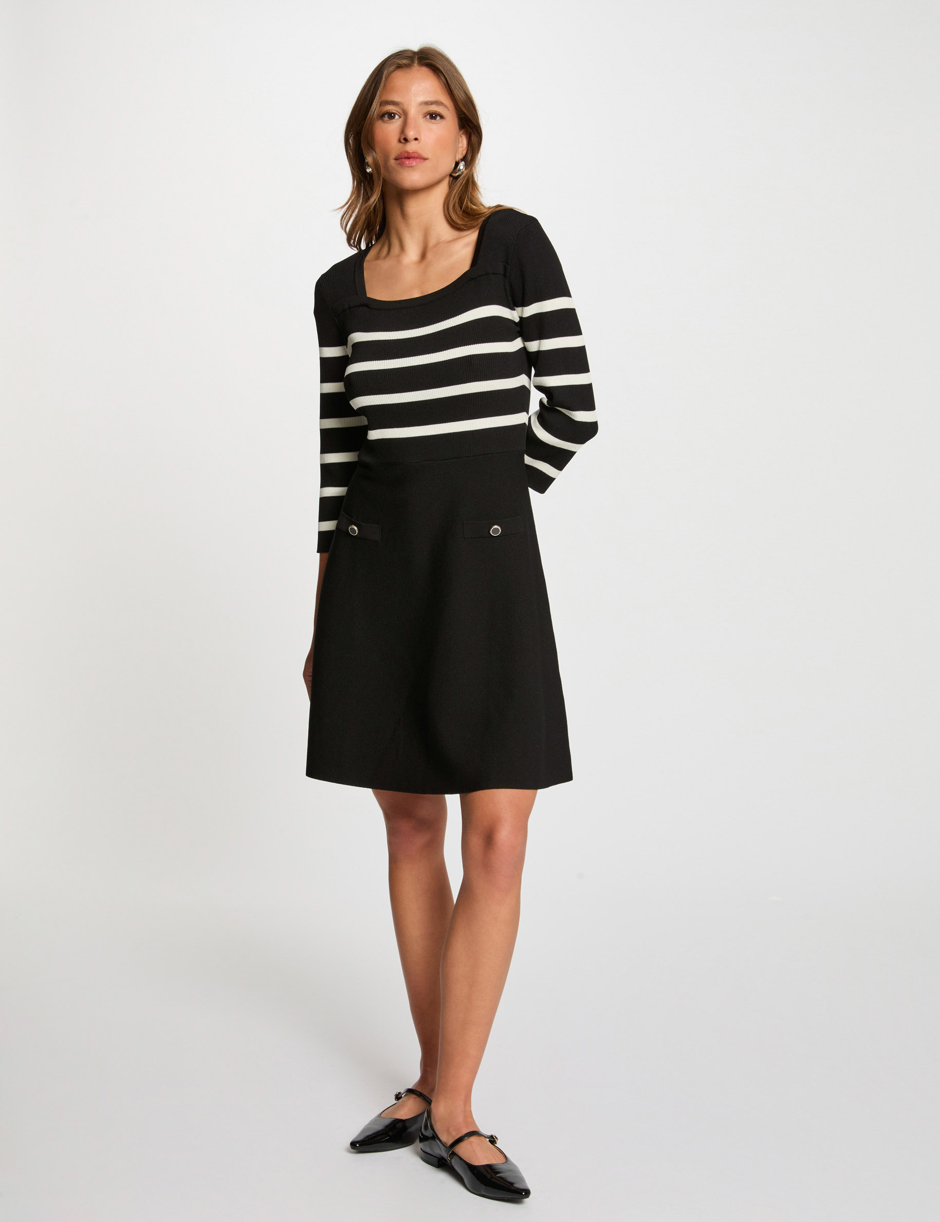 Robe tricot trap&egrave;ze &agrave; rayures noir femme