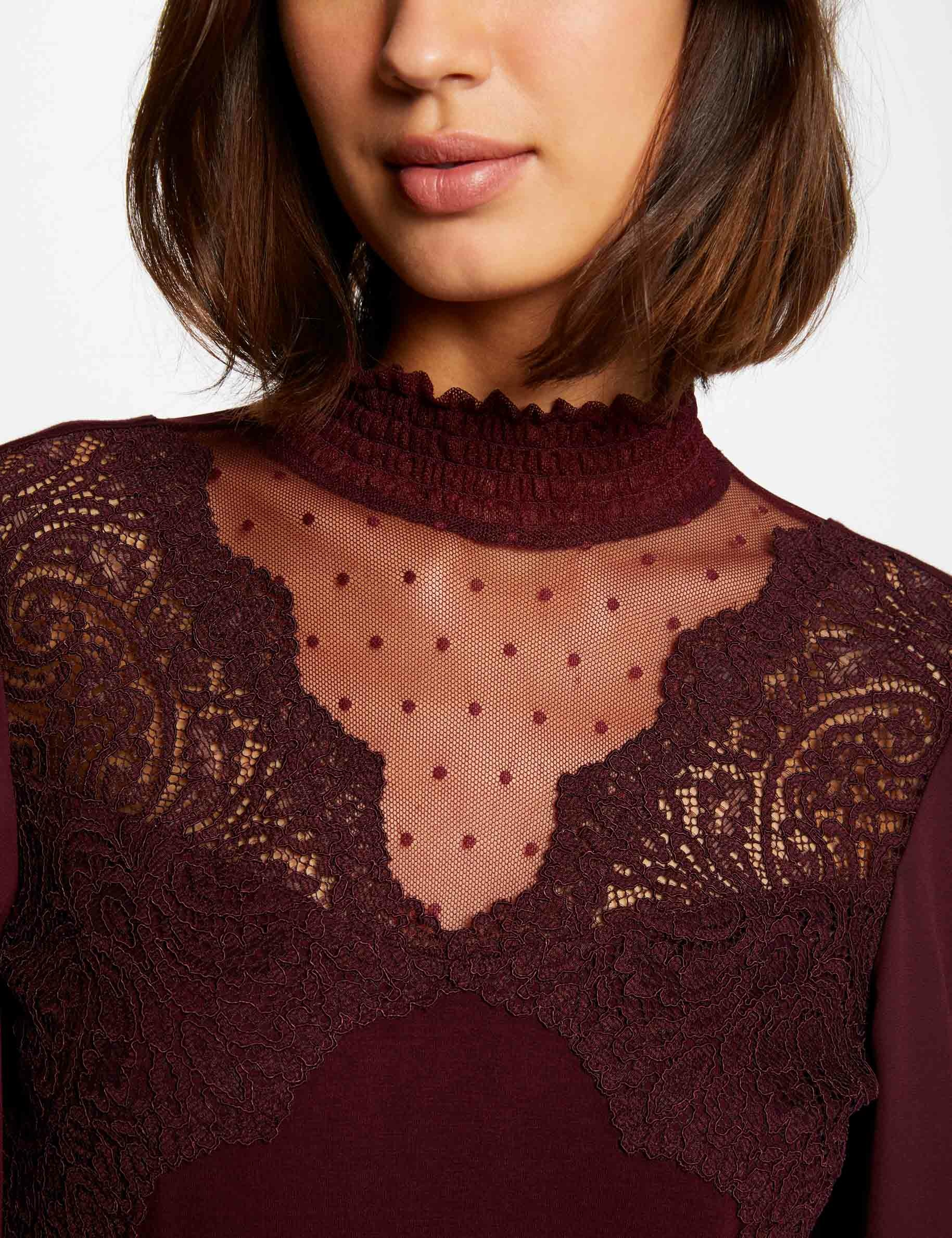 T-shirt manches longues à dentelle prune femme T-shirt manches longues à dentelle prune femme