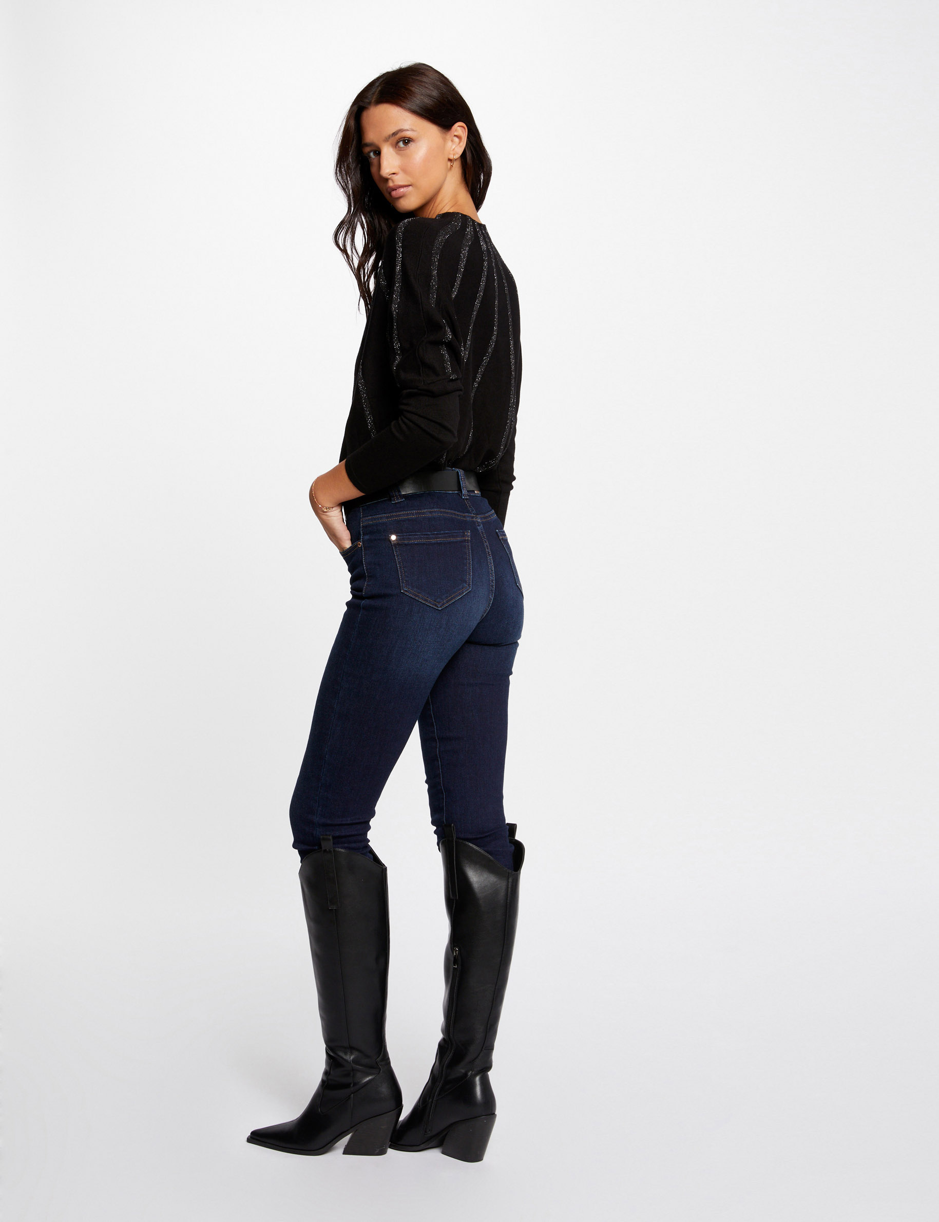 Pull manches longues &agrave; col montant noir femme