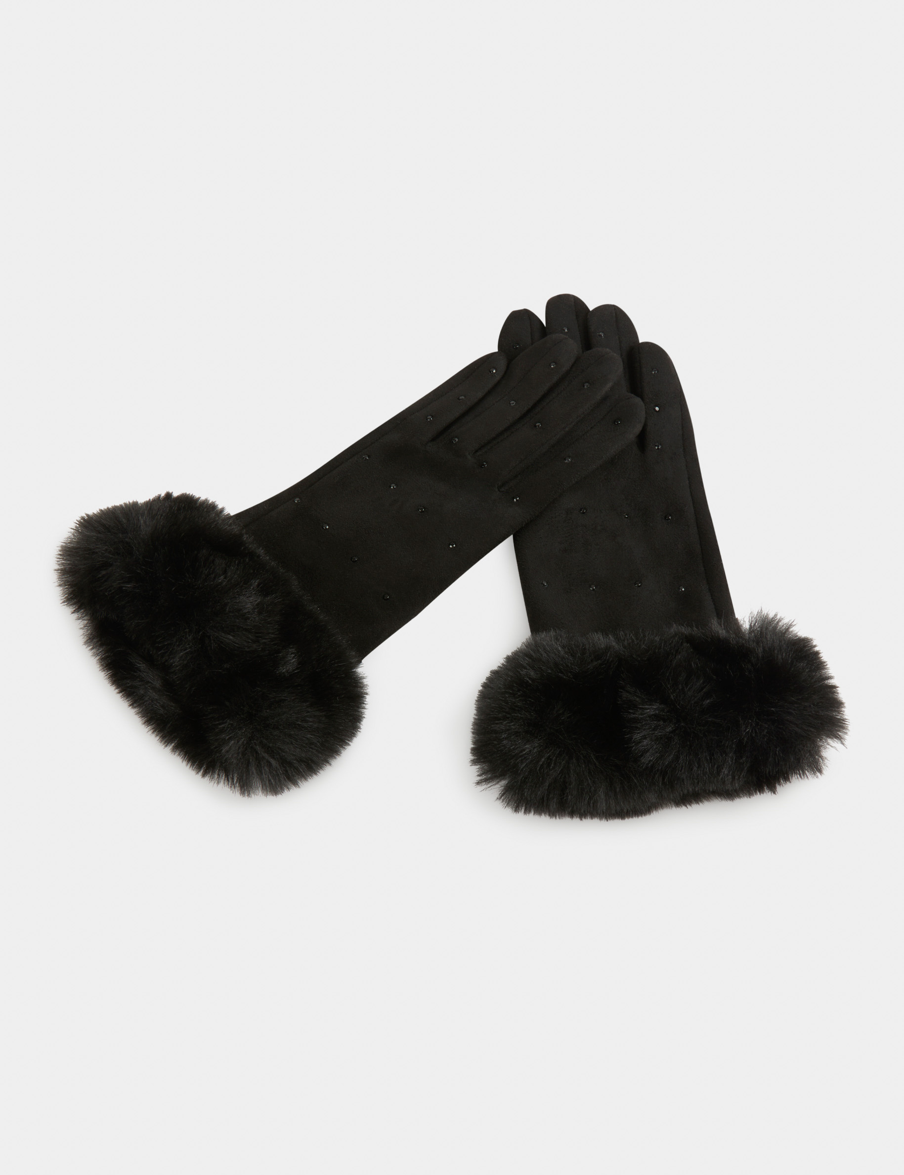 gants avec strass et bords fourrure noir femme Gants avec strass et bords fourrure noir femme