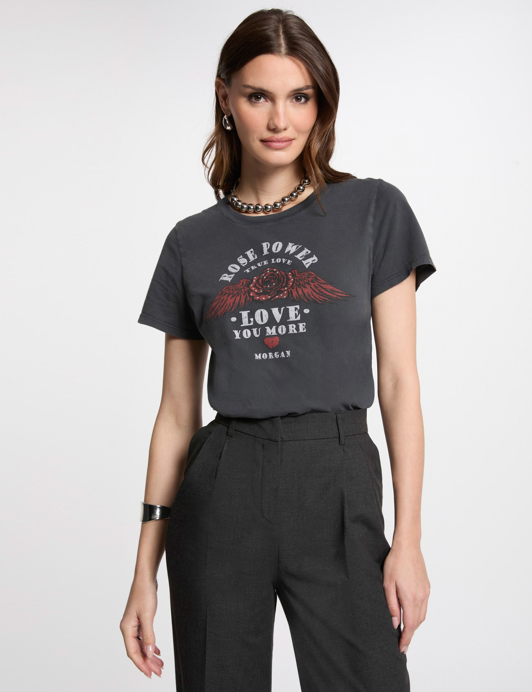 t shirt a inscription gris fonce femme T-shirt à inscription gris foncé femme