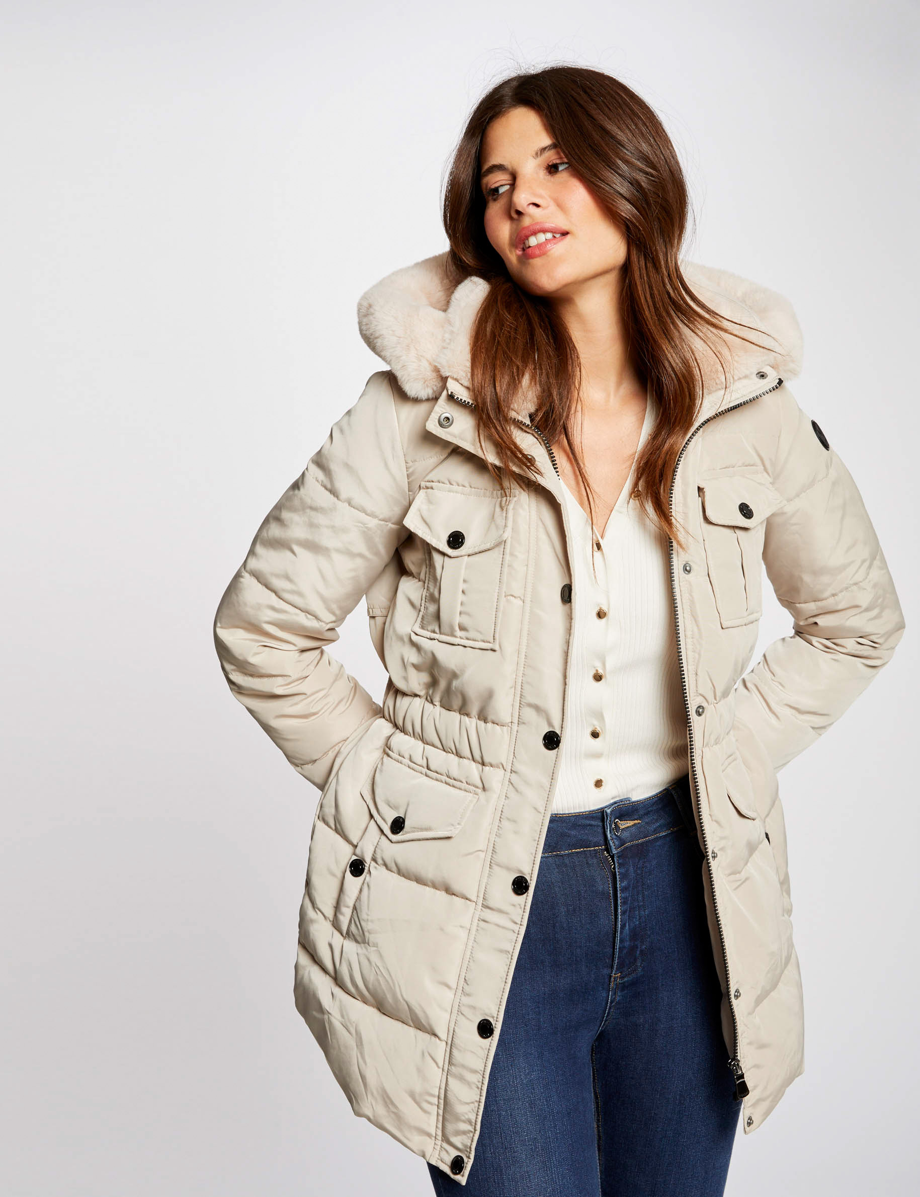 Doudoune droite à capuche beige femme