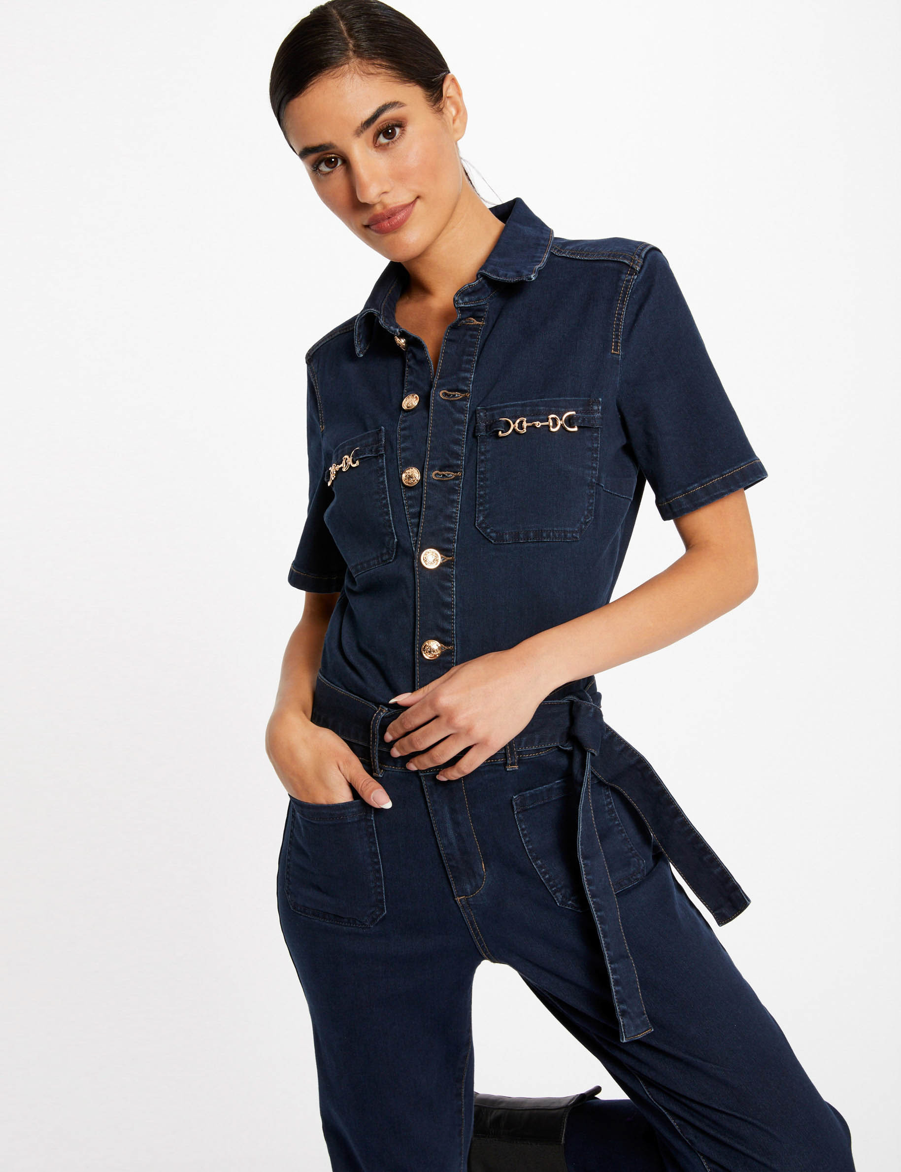 Combinaison croisée manches longues en denim bleu | Paris Fashion Shops