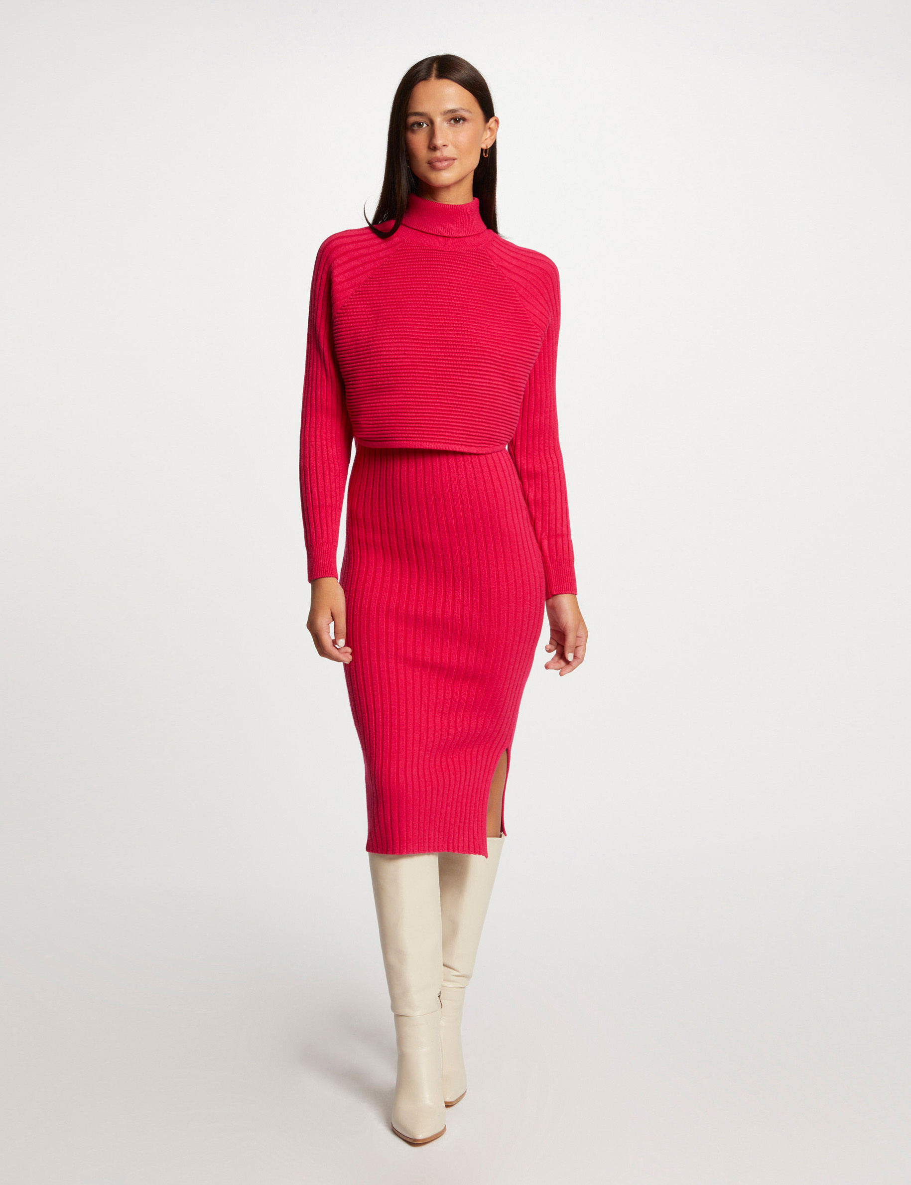 Robe pull midi ajustée effet 2-en-1 rose moyen femme