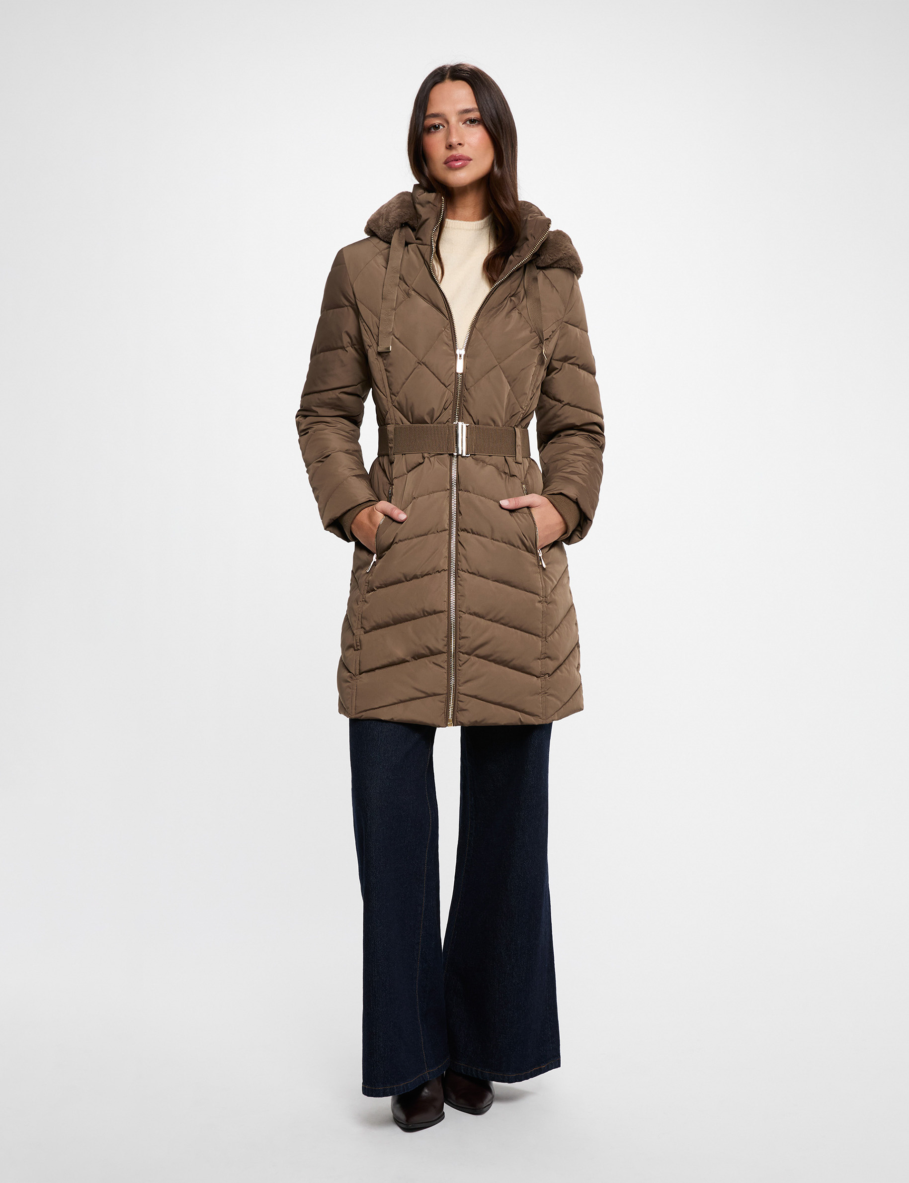 Doudoune longue capuche vert kaki femme