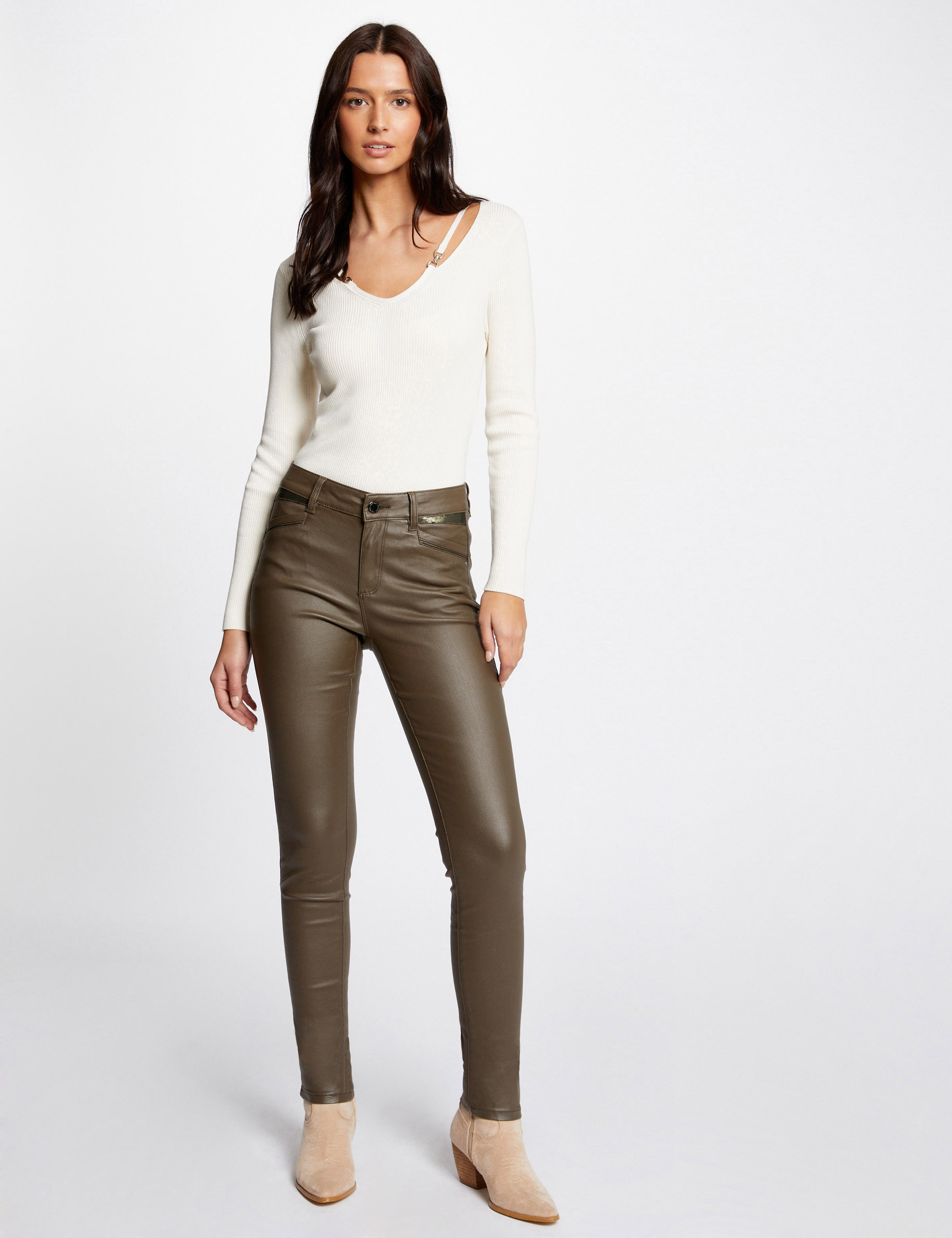 Image of Pantalon skinny enduit vert kaki femme