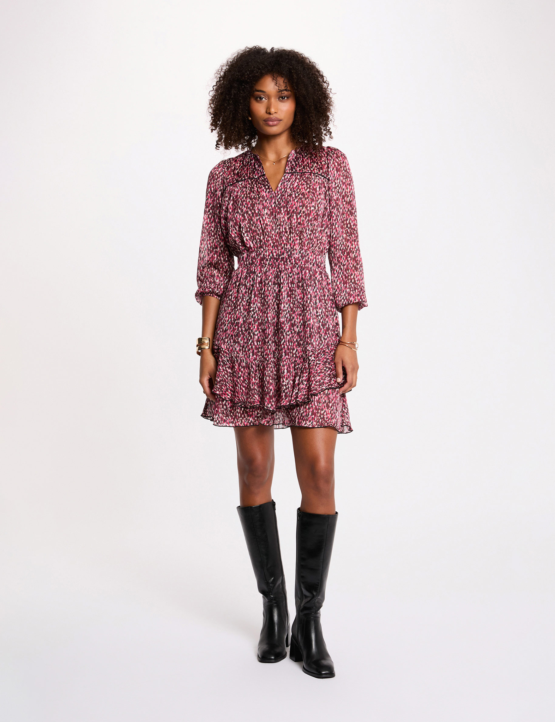 Robe courte col v multicolore femme