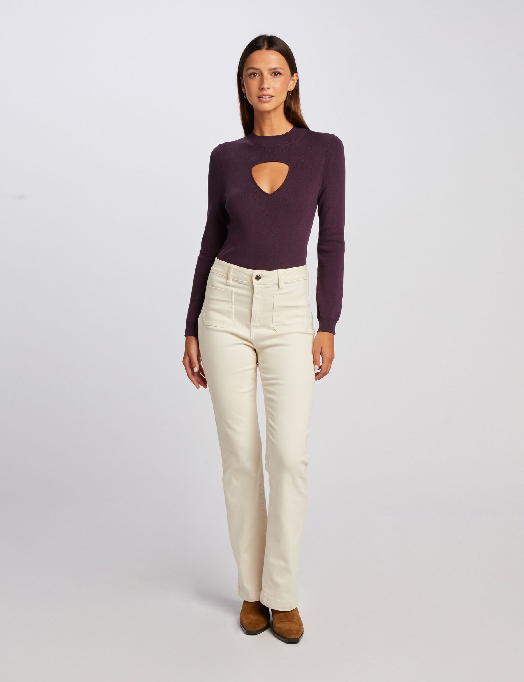 pull manches longues avec ouverture prune femme Pull manches longues avec ouverture prune femme