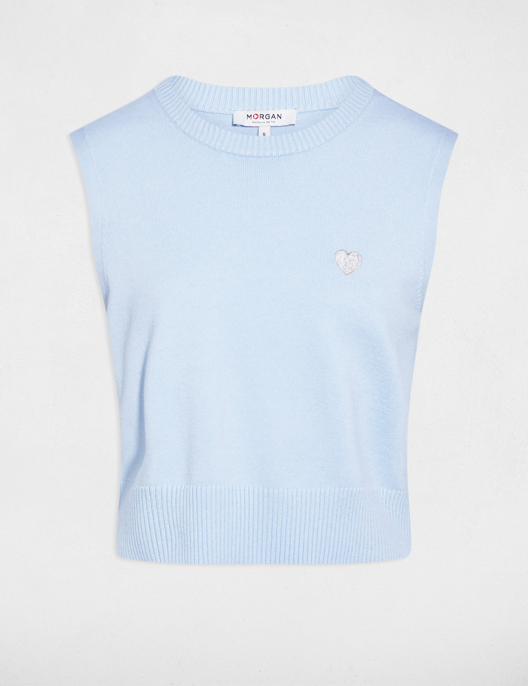 Pull sans manches brod&eacute; bleu ciel femme