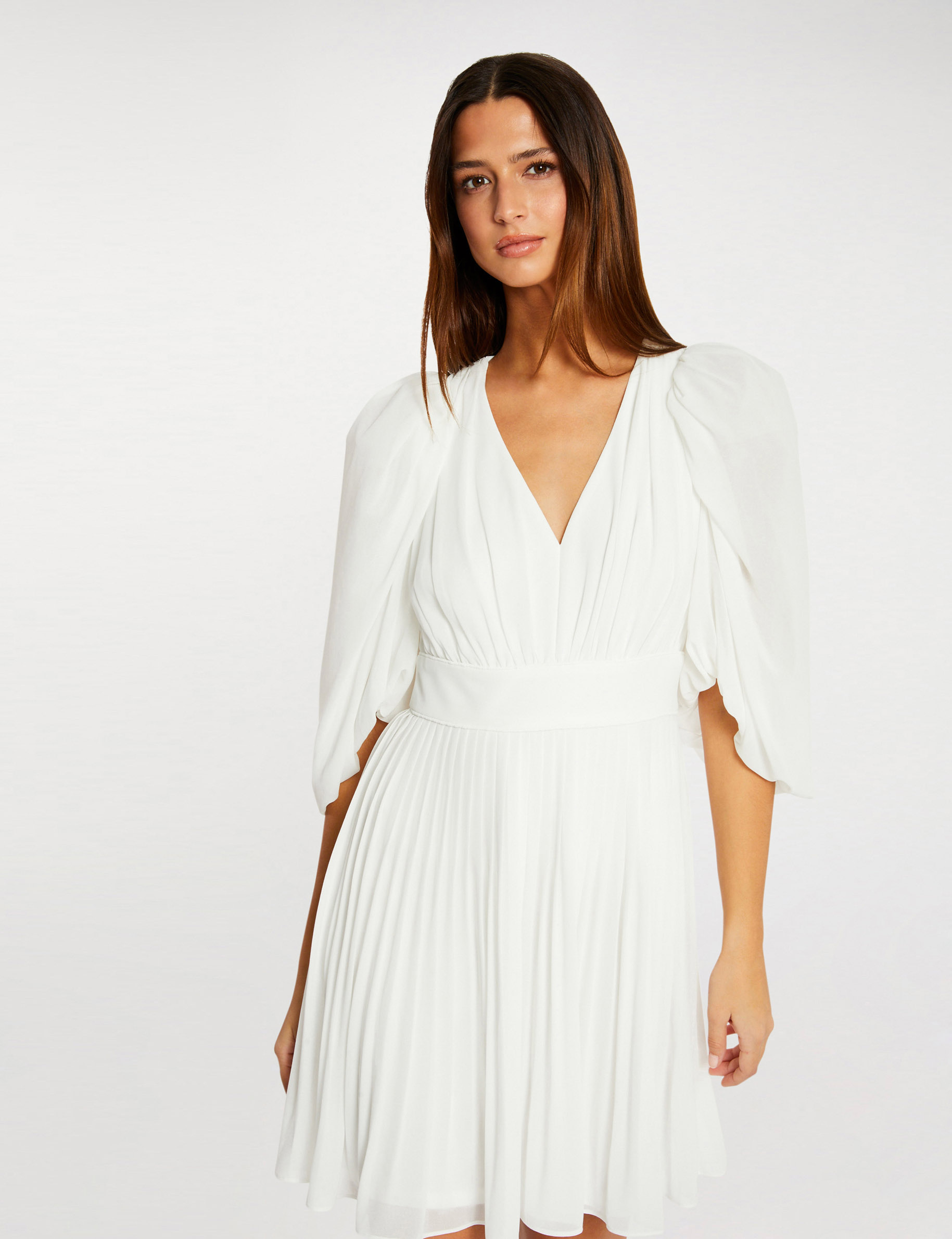 Robe évasée avec manches bouffantes ecru femme