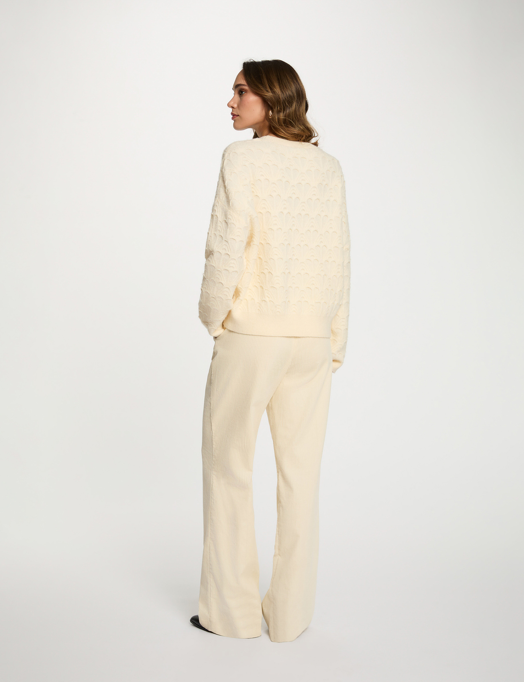 Pantalon large velours ecru femme