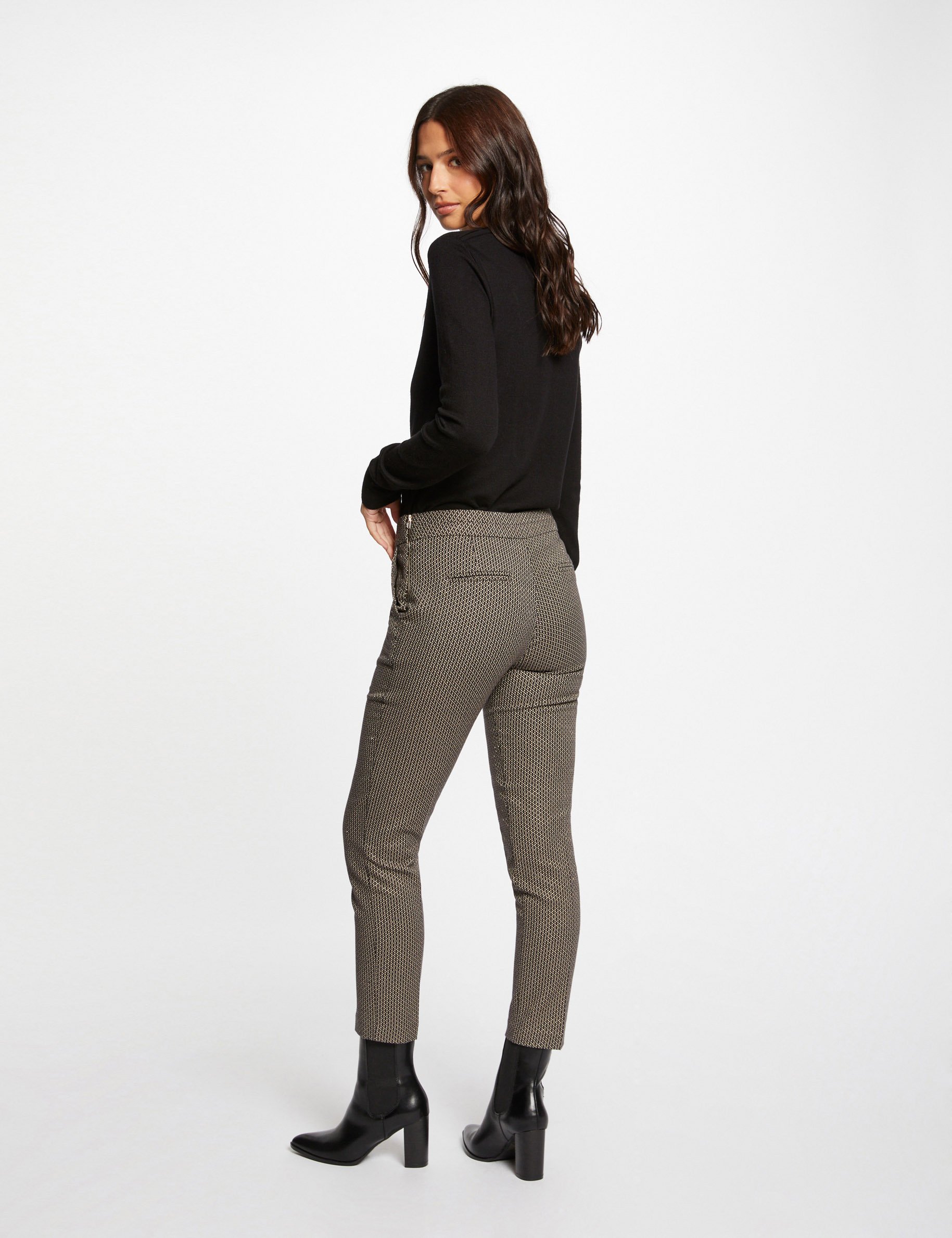 Pantalon cigarette imprimé géométrique noir femme