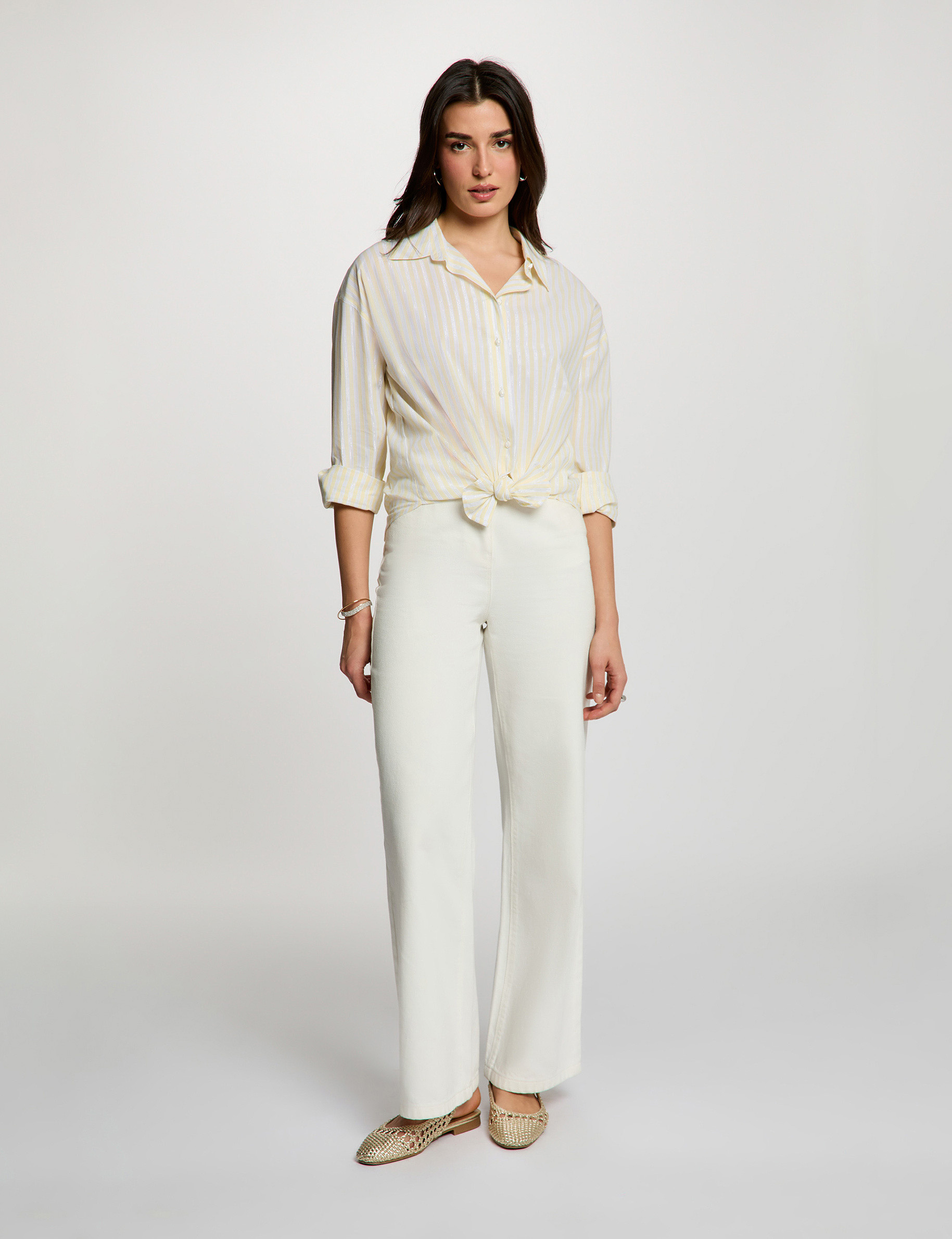 Chemise ray&eacute;e col &agrave; revers jaune clair femme