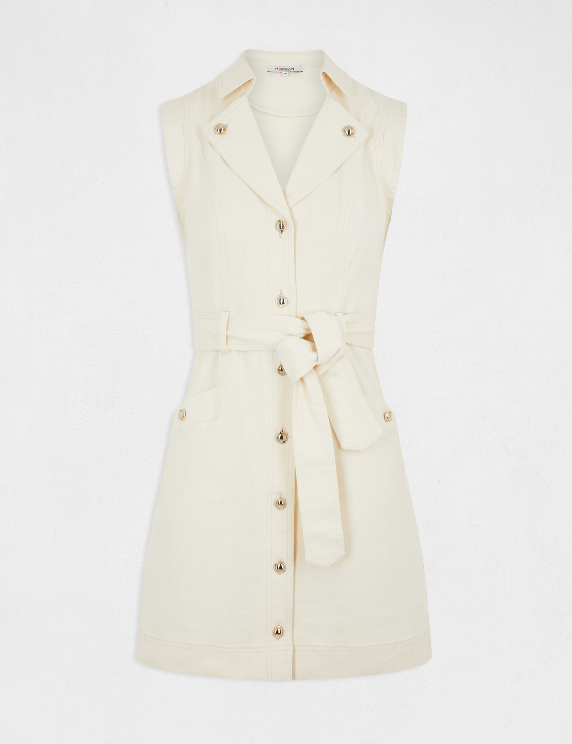 Robe droite boutonnée ceinturée ecru moyen femme Robe droite boutonnée ceinturée ecru moyen femme