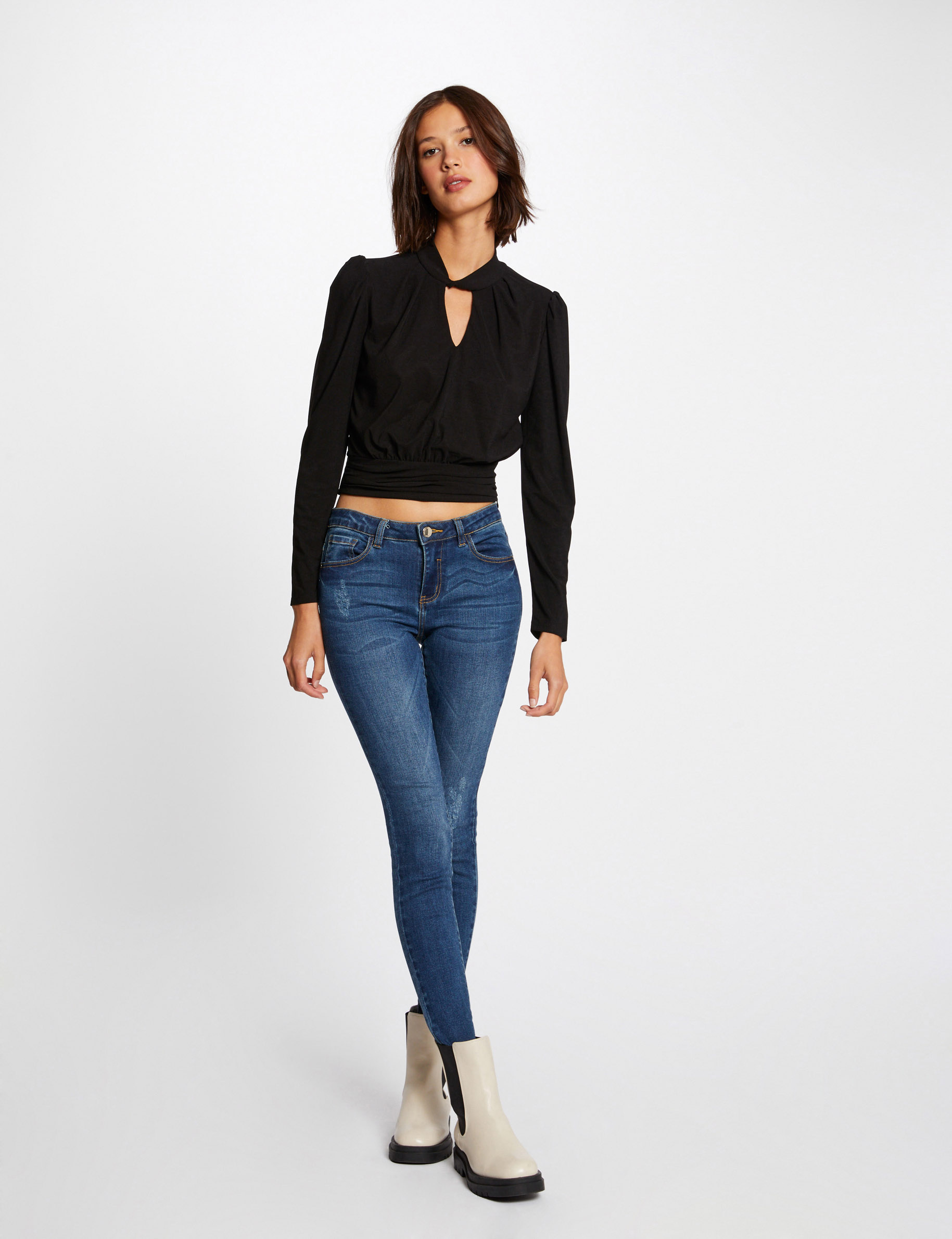 T-shirt manches longues taille smockée noir femme