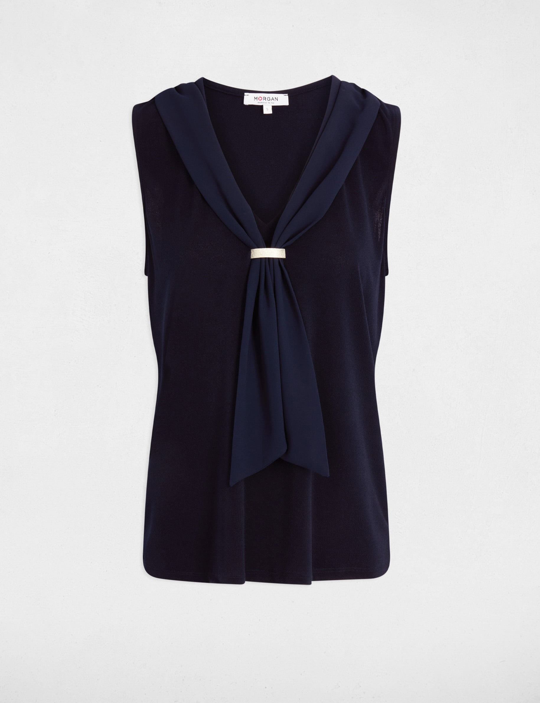 T-shirt col lavalli&egrave;re bleu marine femme