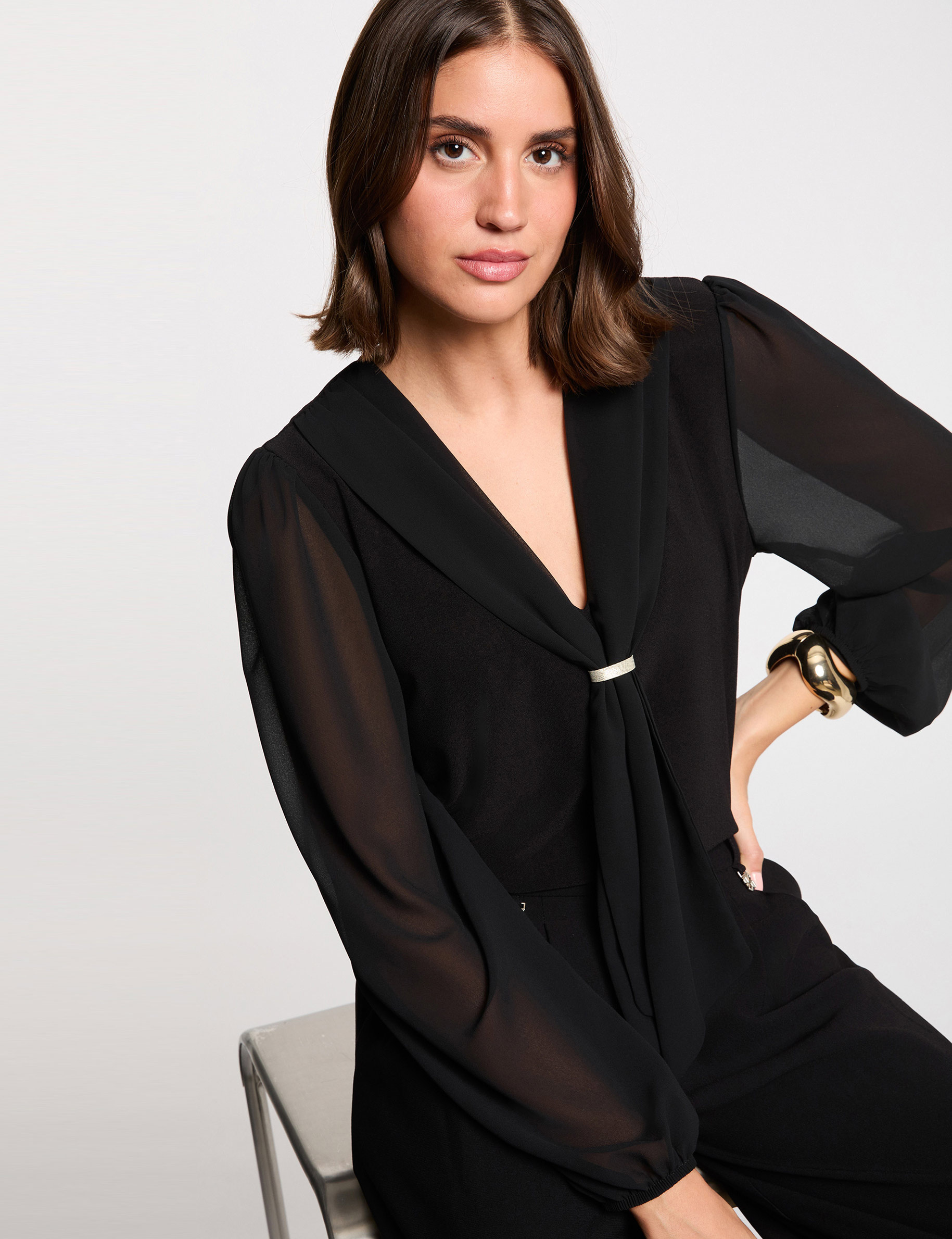 T-shirt voile col lavallière noir femme