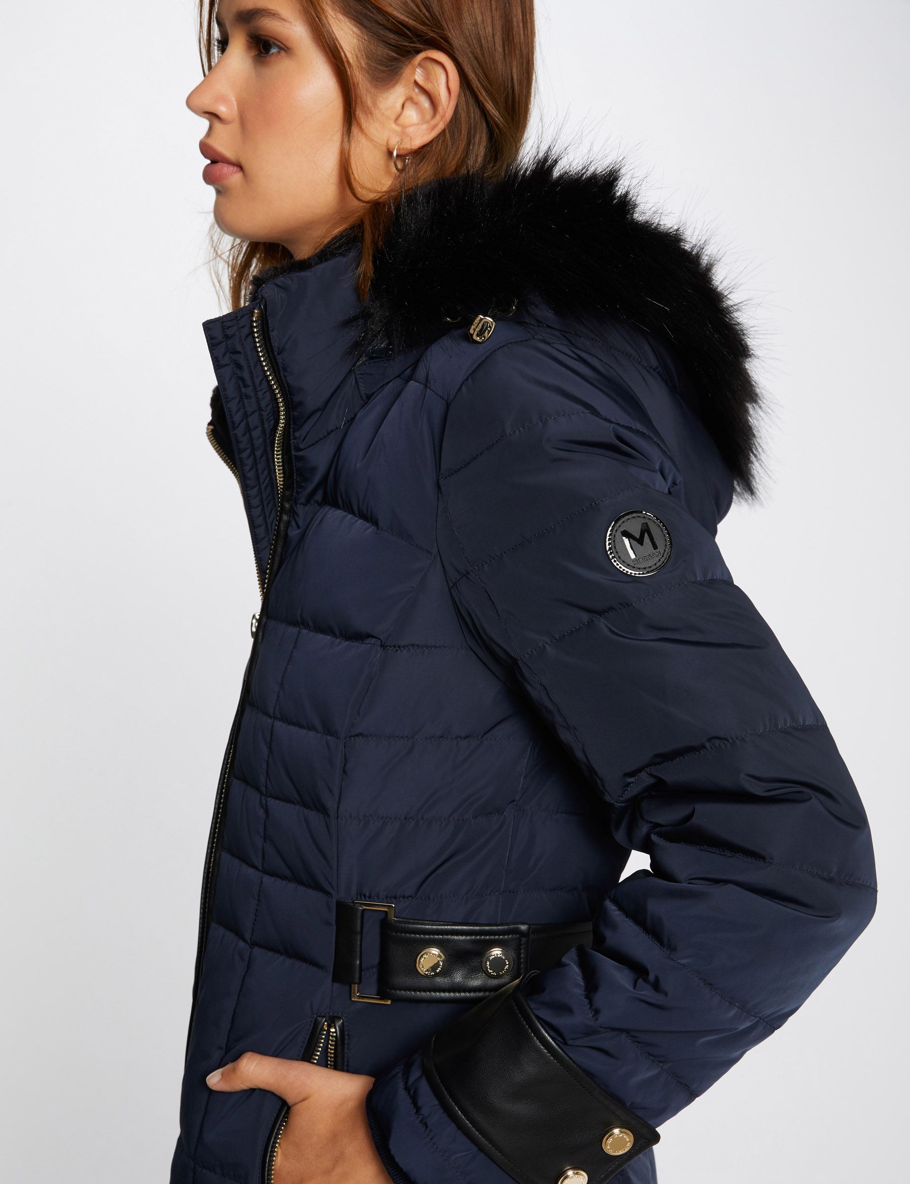 Doudoune droite à capuche bleu marine femme Morgan