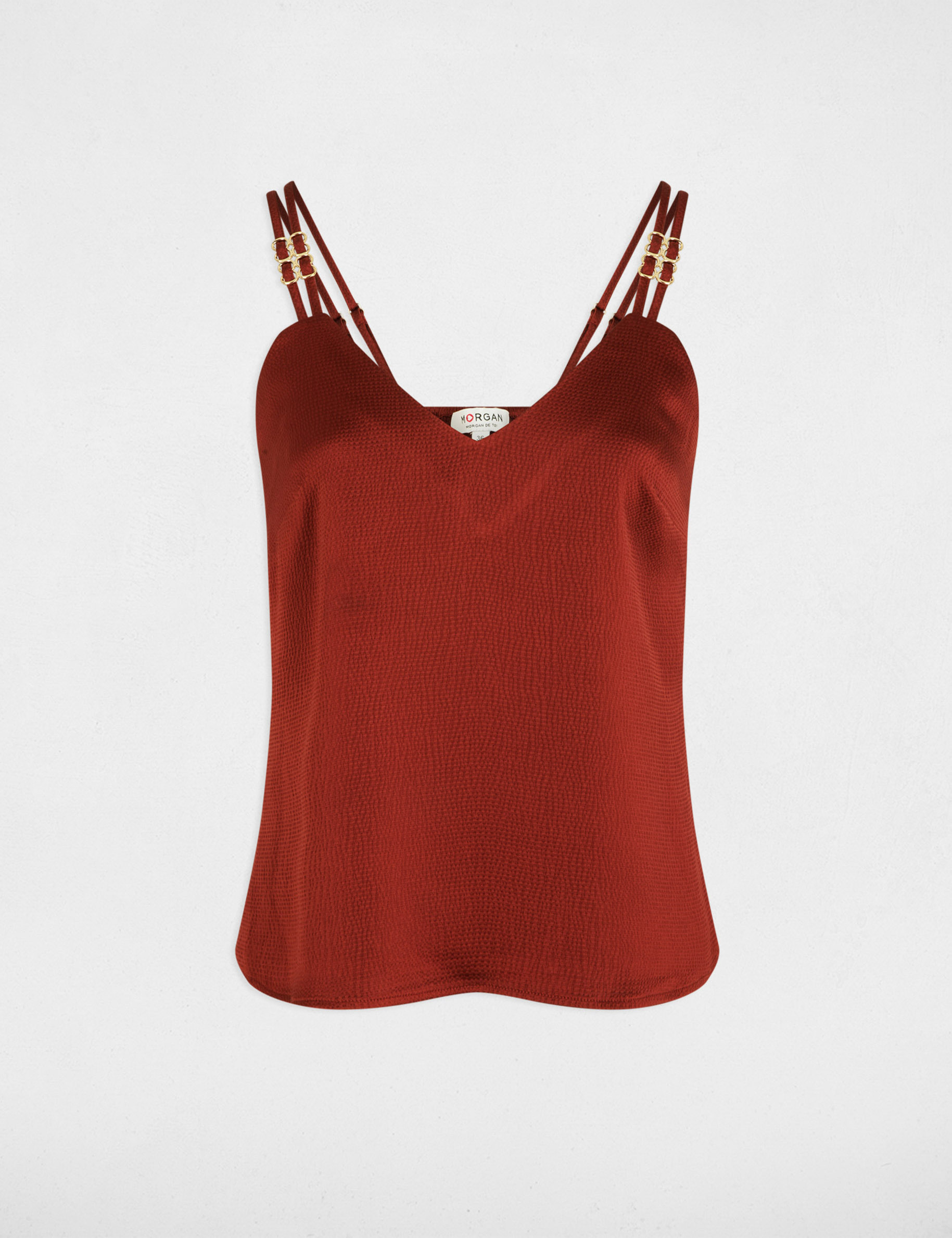 Top satin &agrave; bretelles marron cognac femme