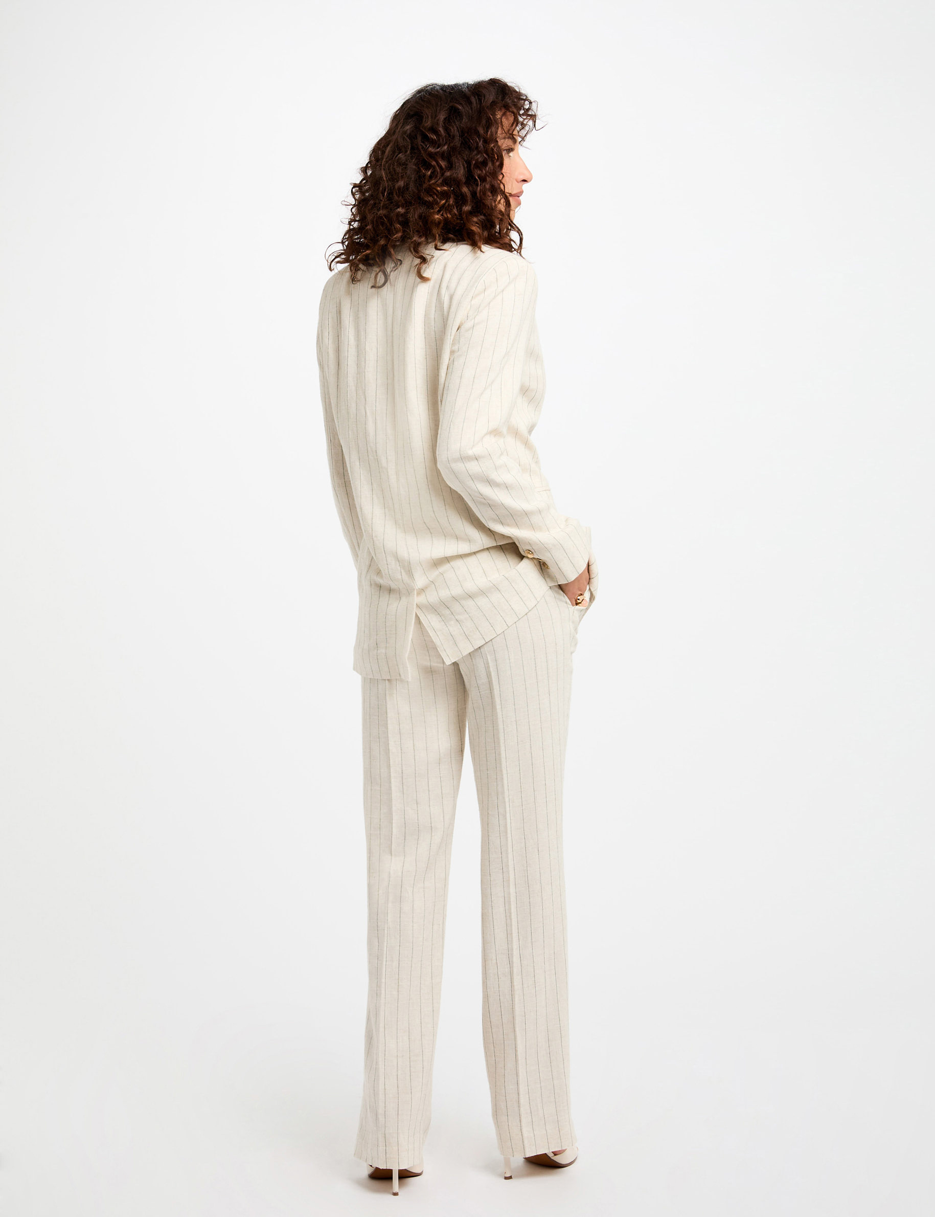 Pantalon large ray&eacute; beige femme