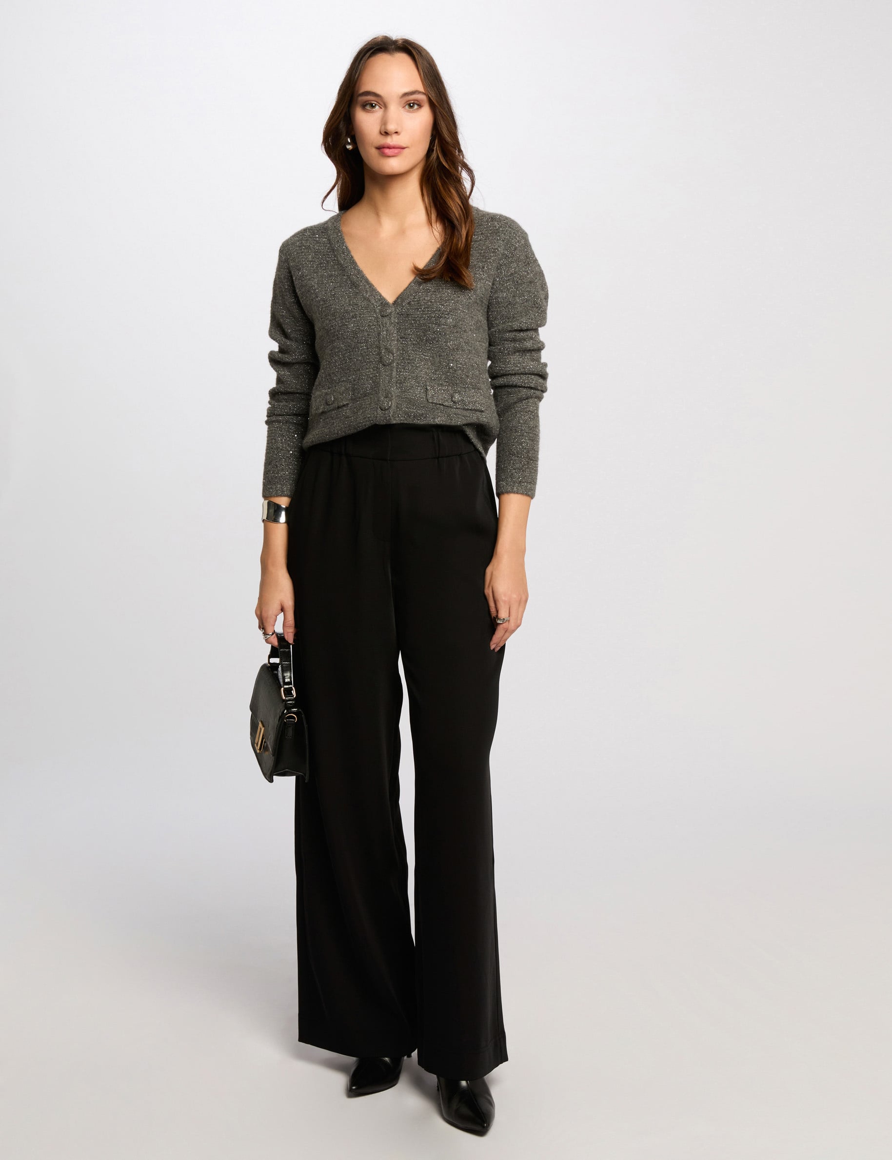 Pantalon large taille haute noir femme