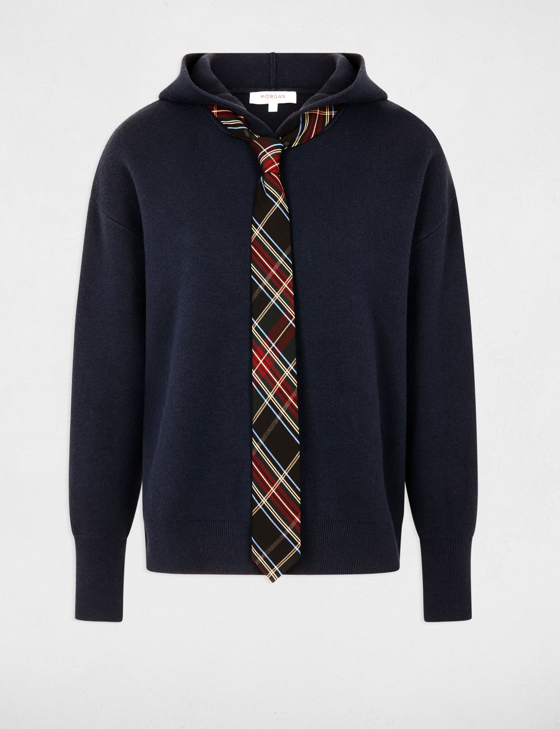 Pull &agrave; capuche bleu marine femme
