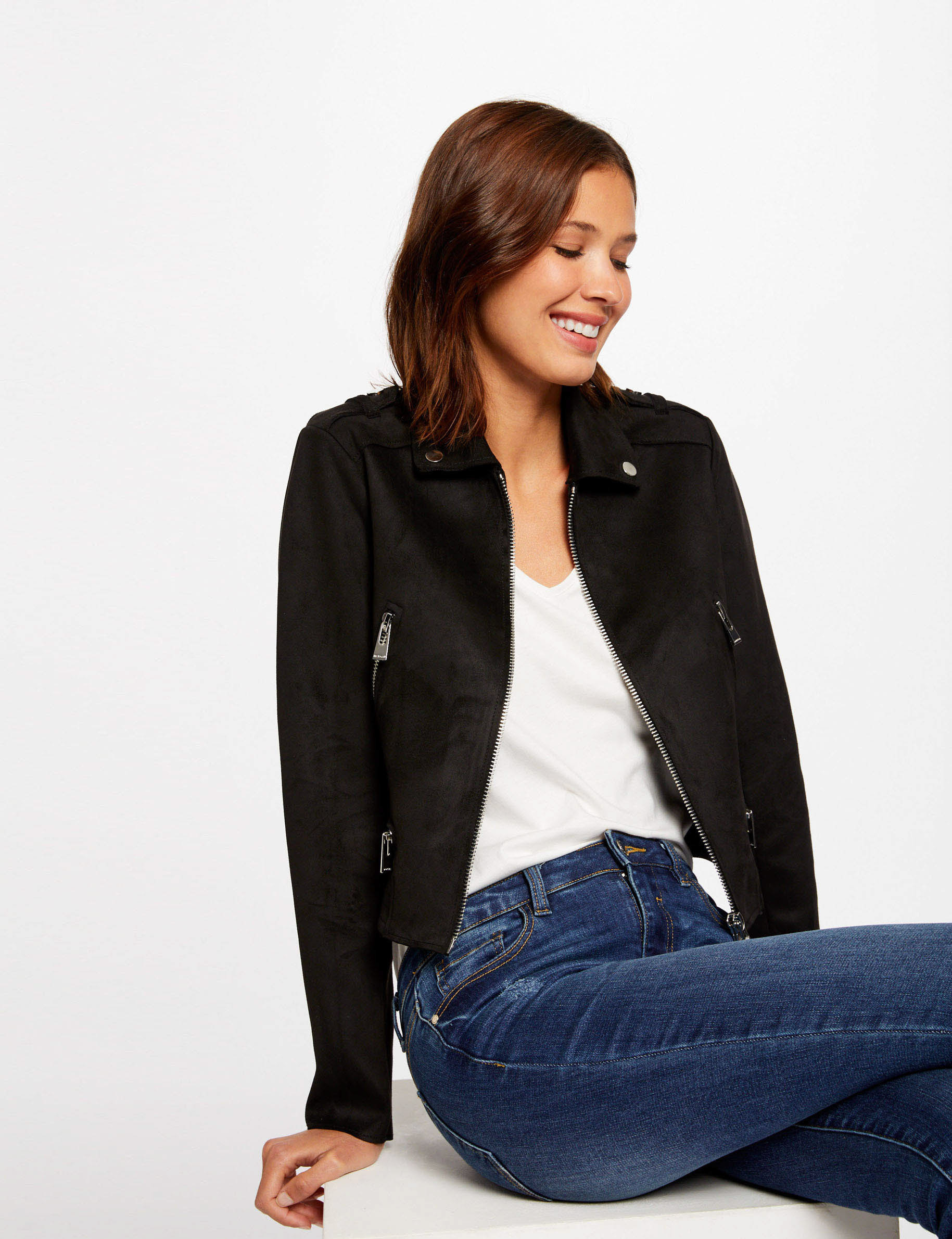 Blouson droit aspect suedine noir femme Morgan