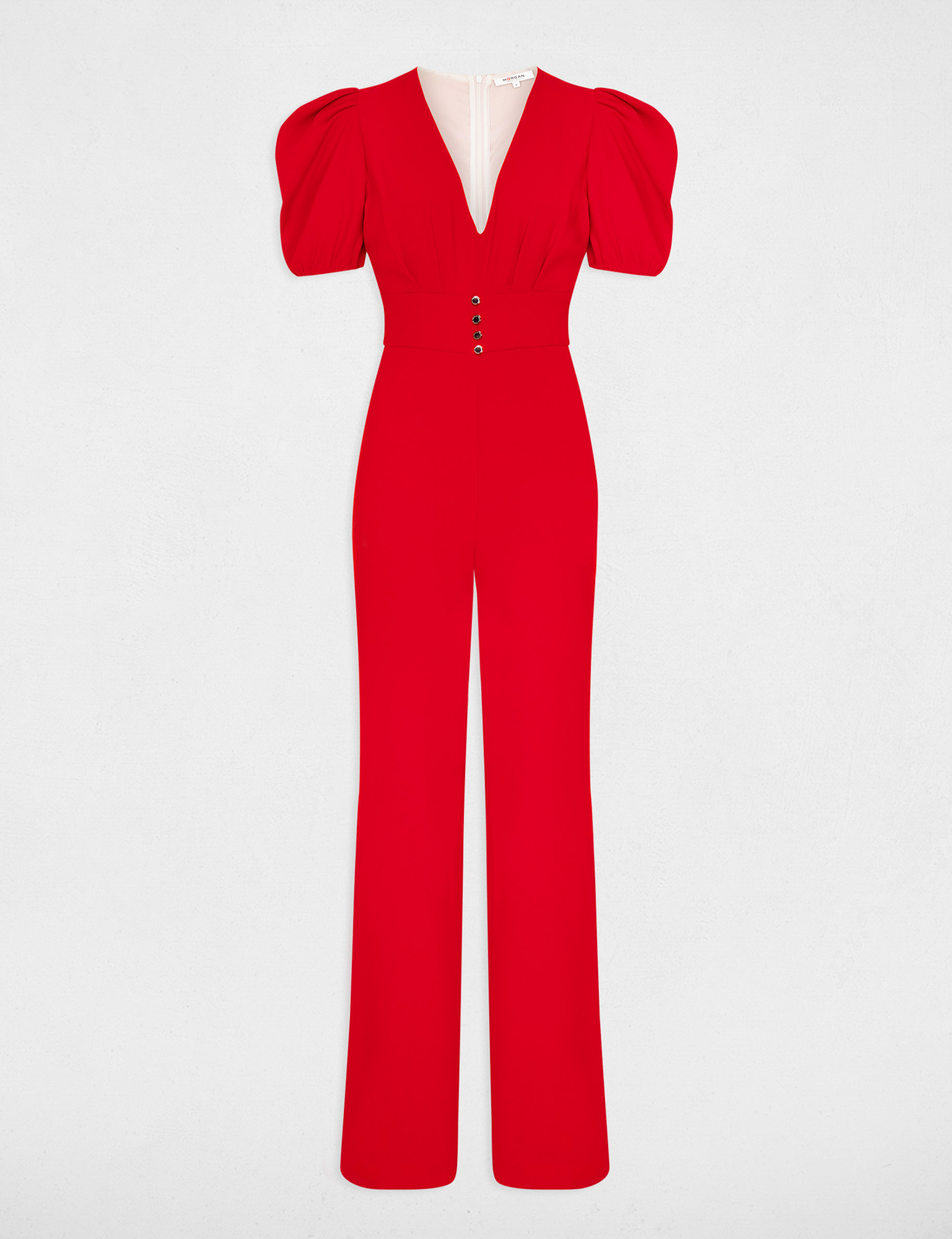 Combinaison pantalon col en V rouge femme