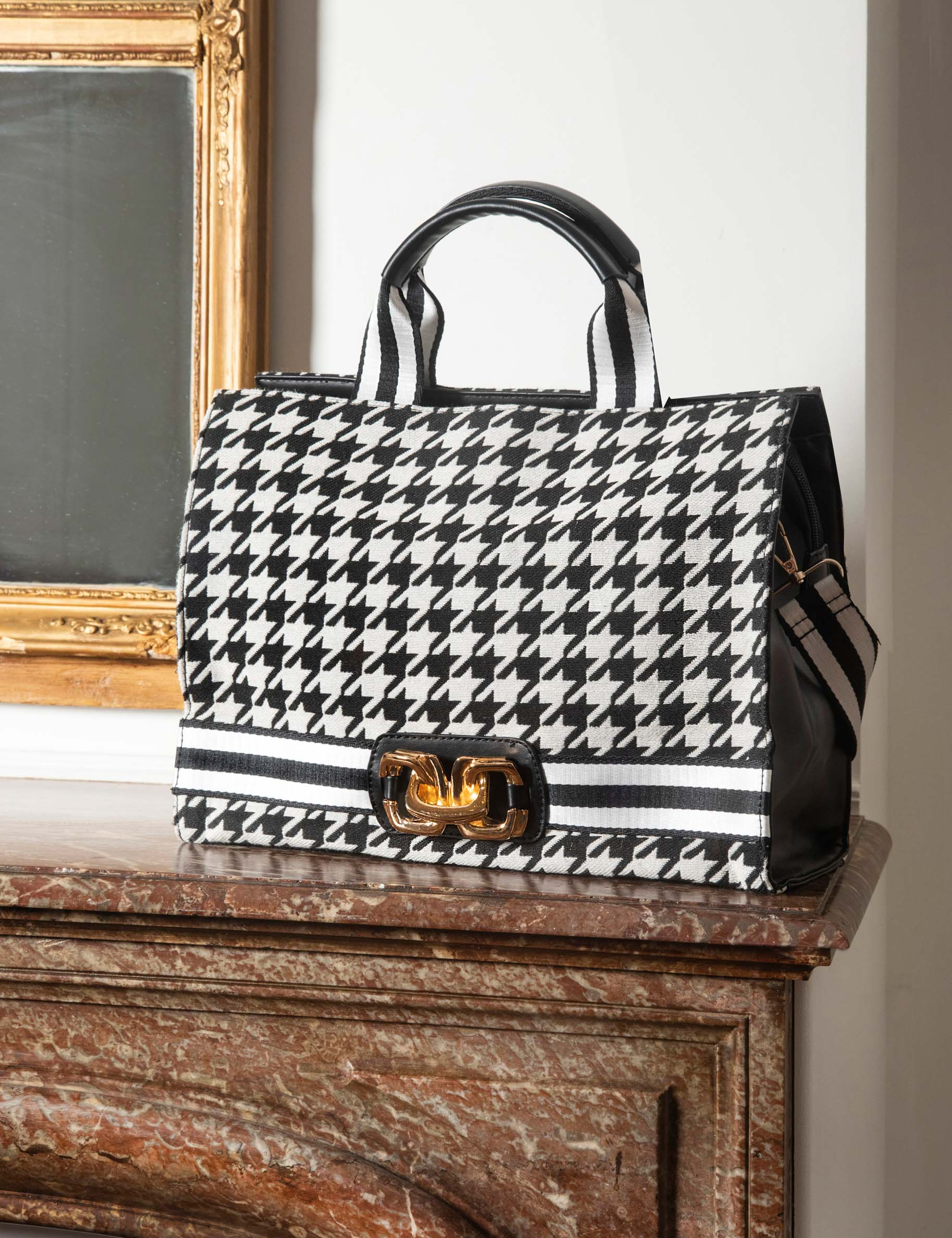 Sac cabas imprimé pied de poule noir femme Sac cabas imprimé pied de poule noir femme