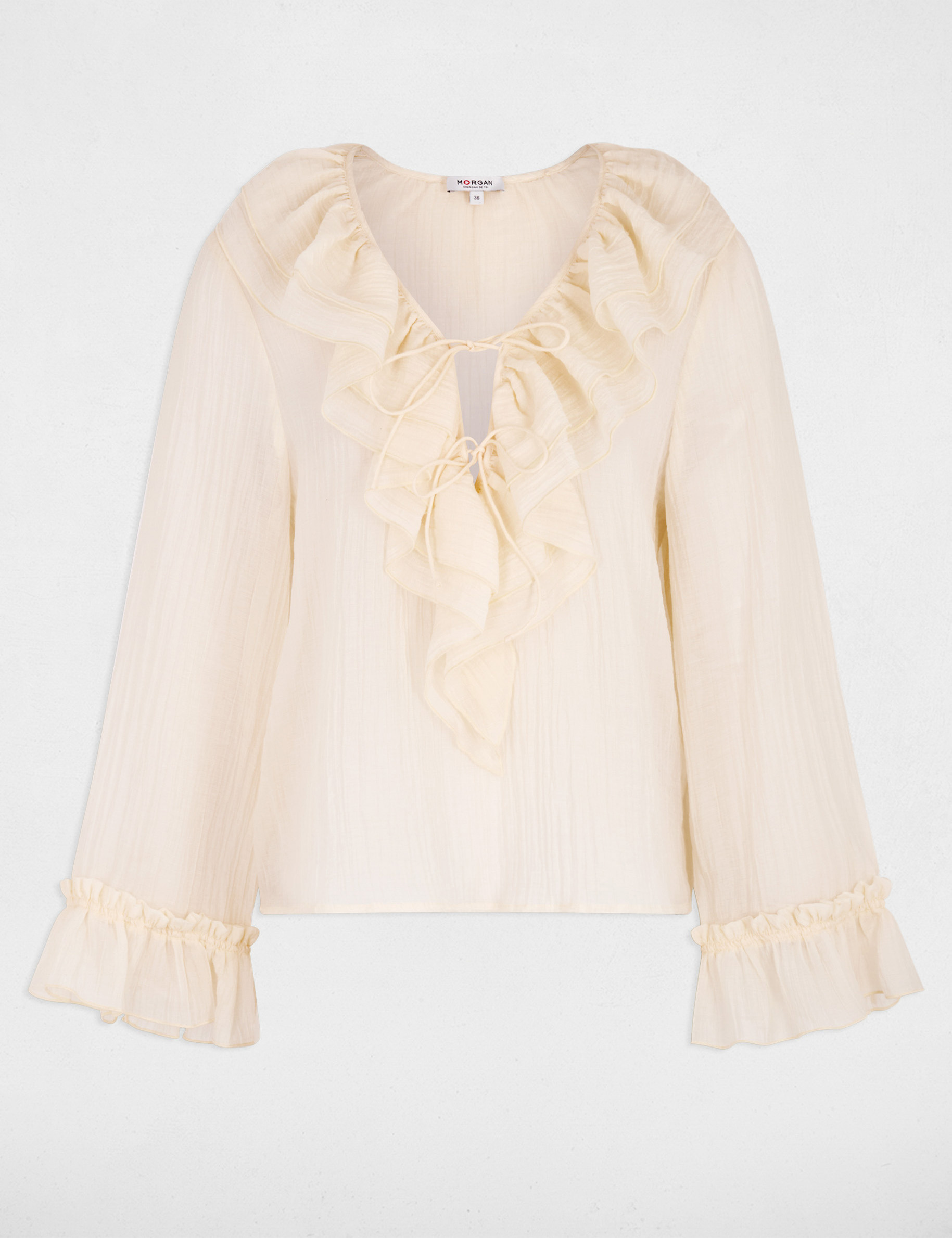 Chemise col v pliss&eacute;e ivoire femme