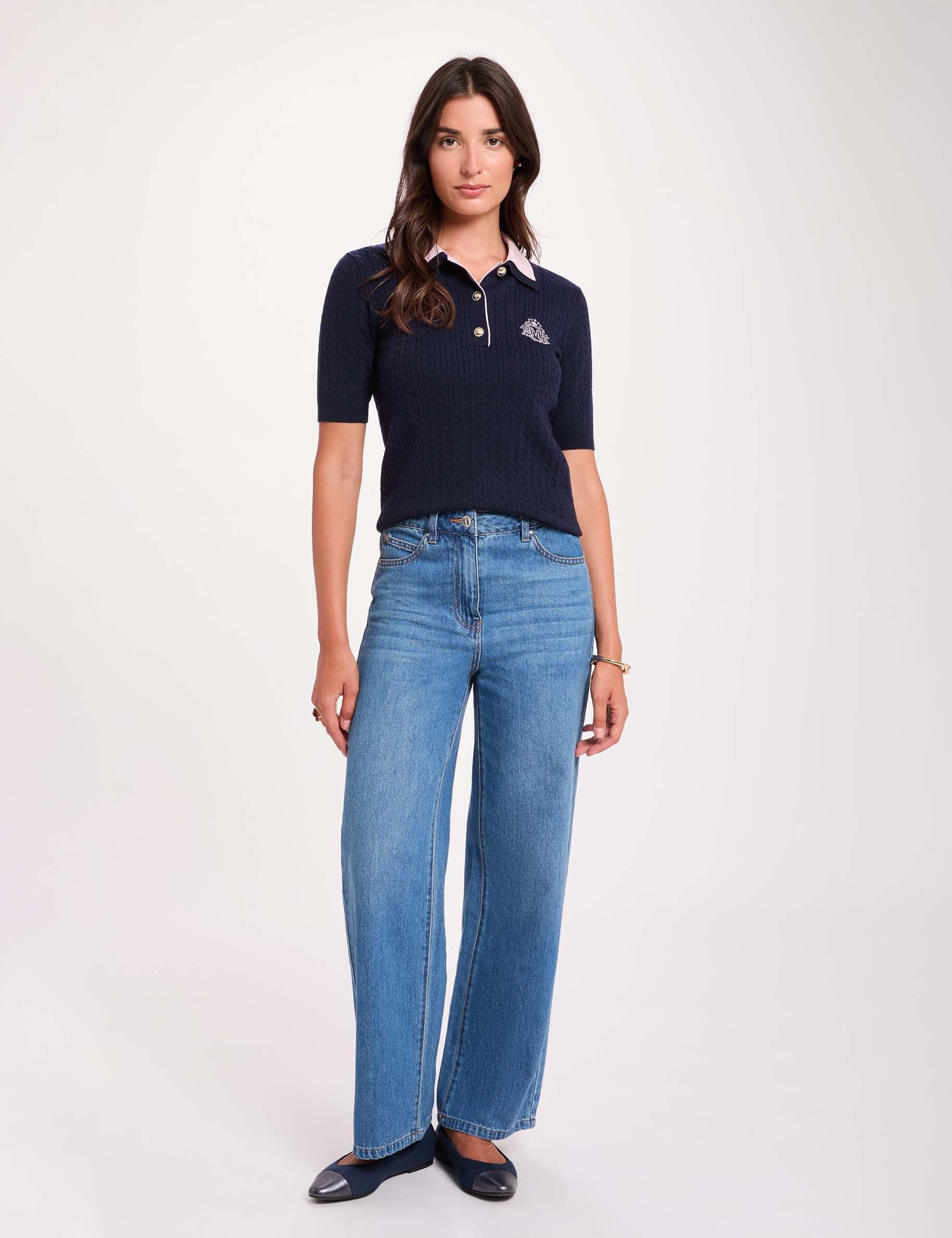 Pull col &agrave; revers bleu marine femme