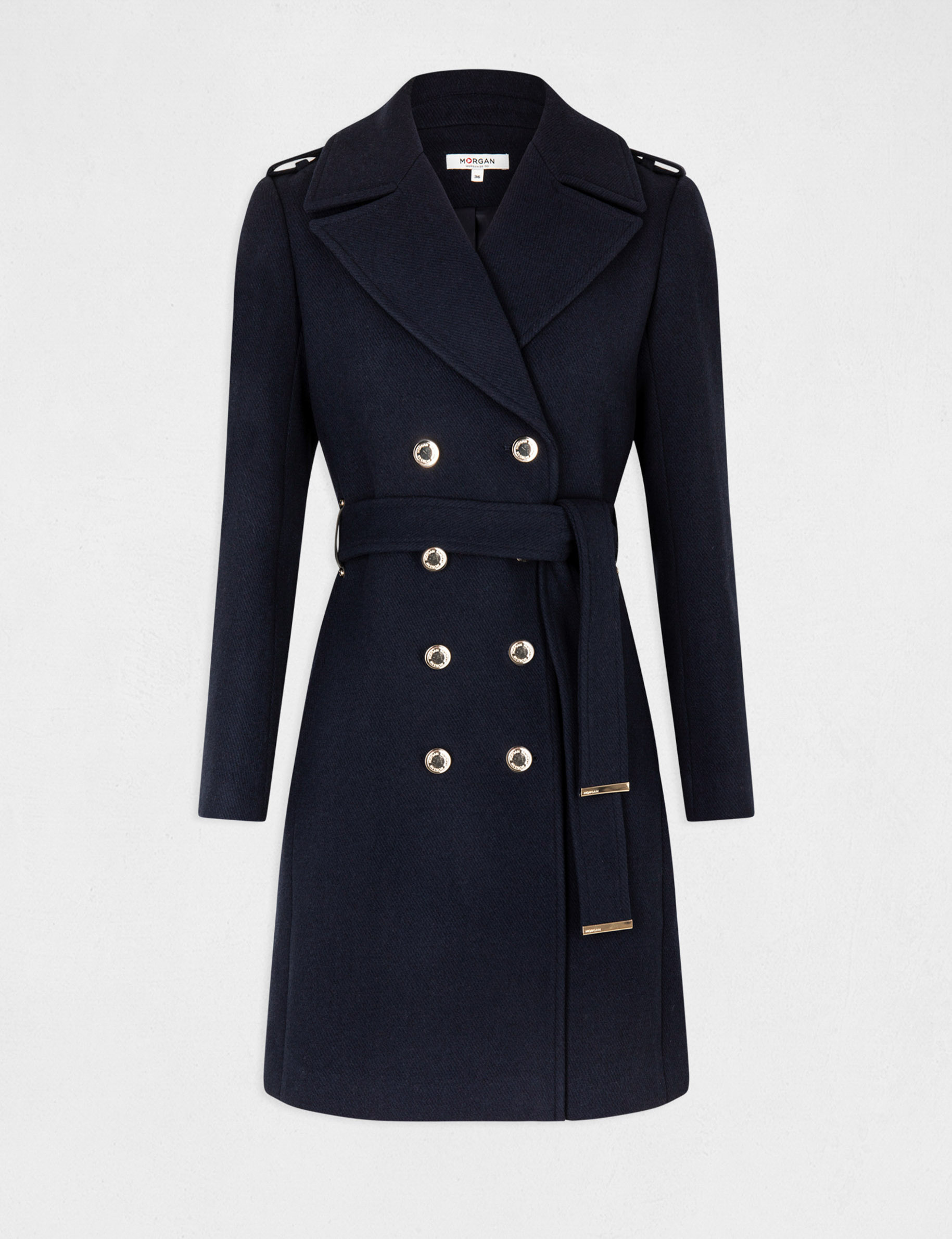 Manteau long cintré ceinturé marine femme