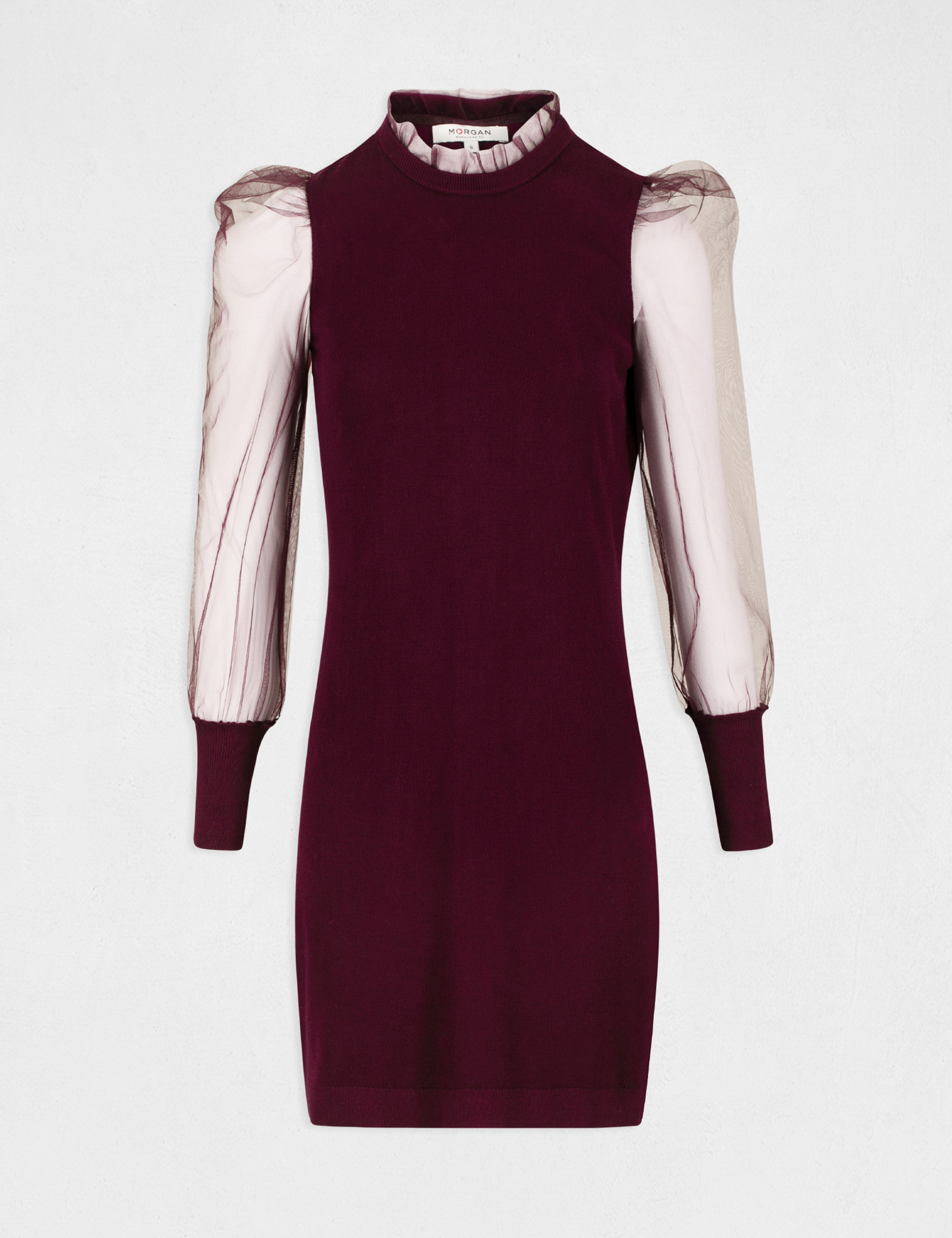 Robe pull ajustee a manches bouffantes bordeaux femme Morgan