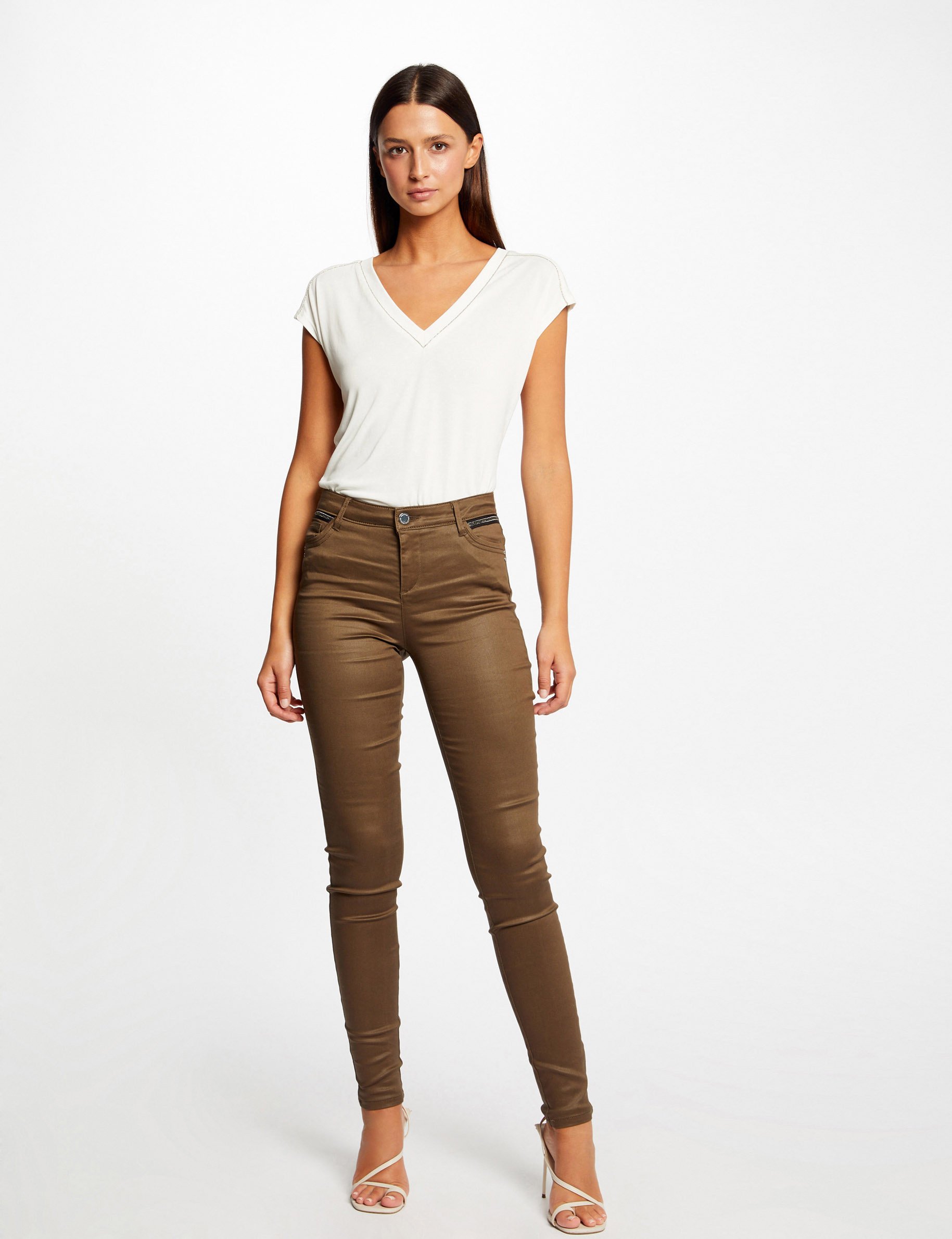 Pantalon skinny enduit à détails bijoux vert moyen femme