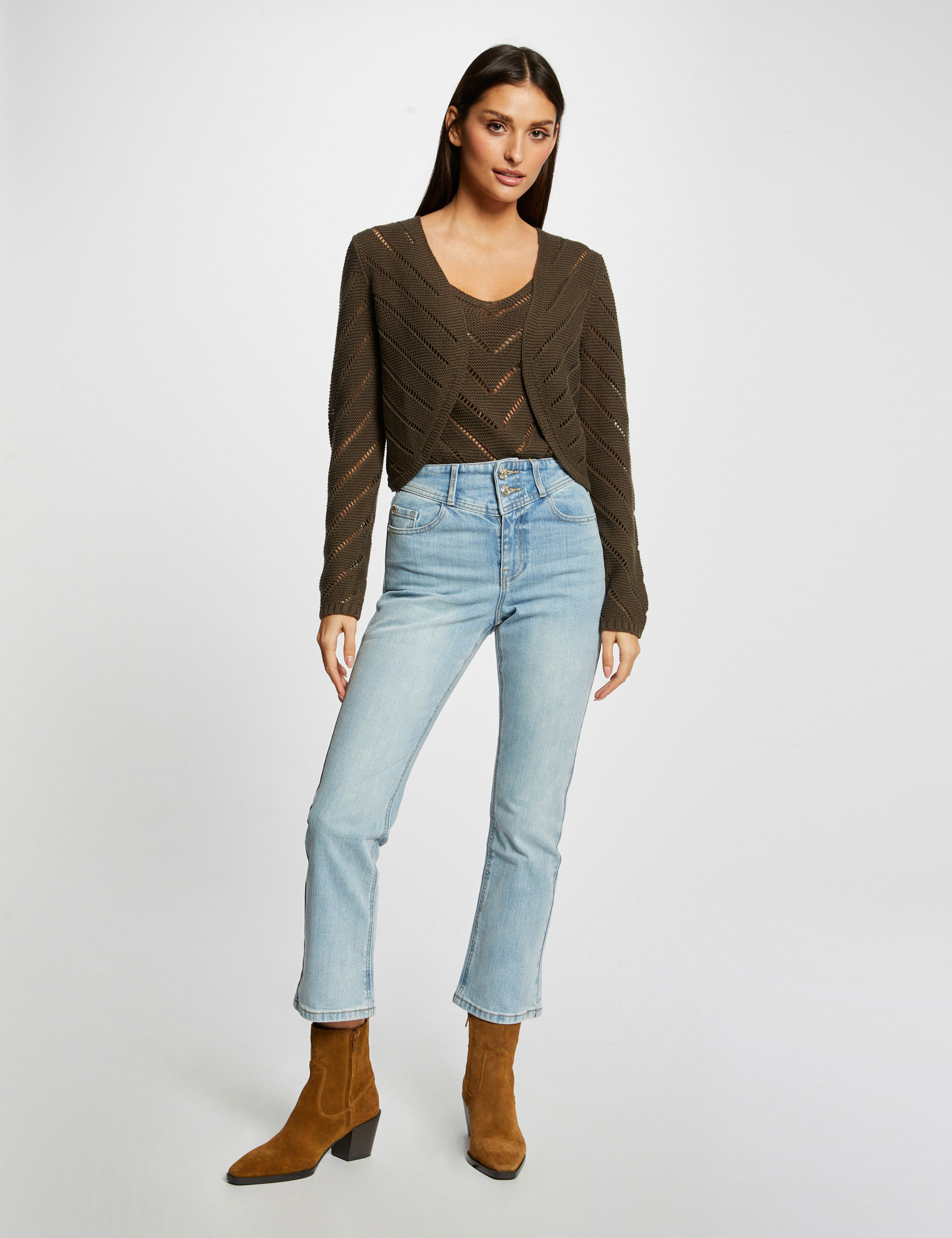 Gilet manches longues à détails ajourés vert kaki femme Gilet manches longues à détails ajourés vert kaki femme