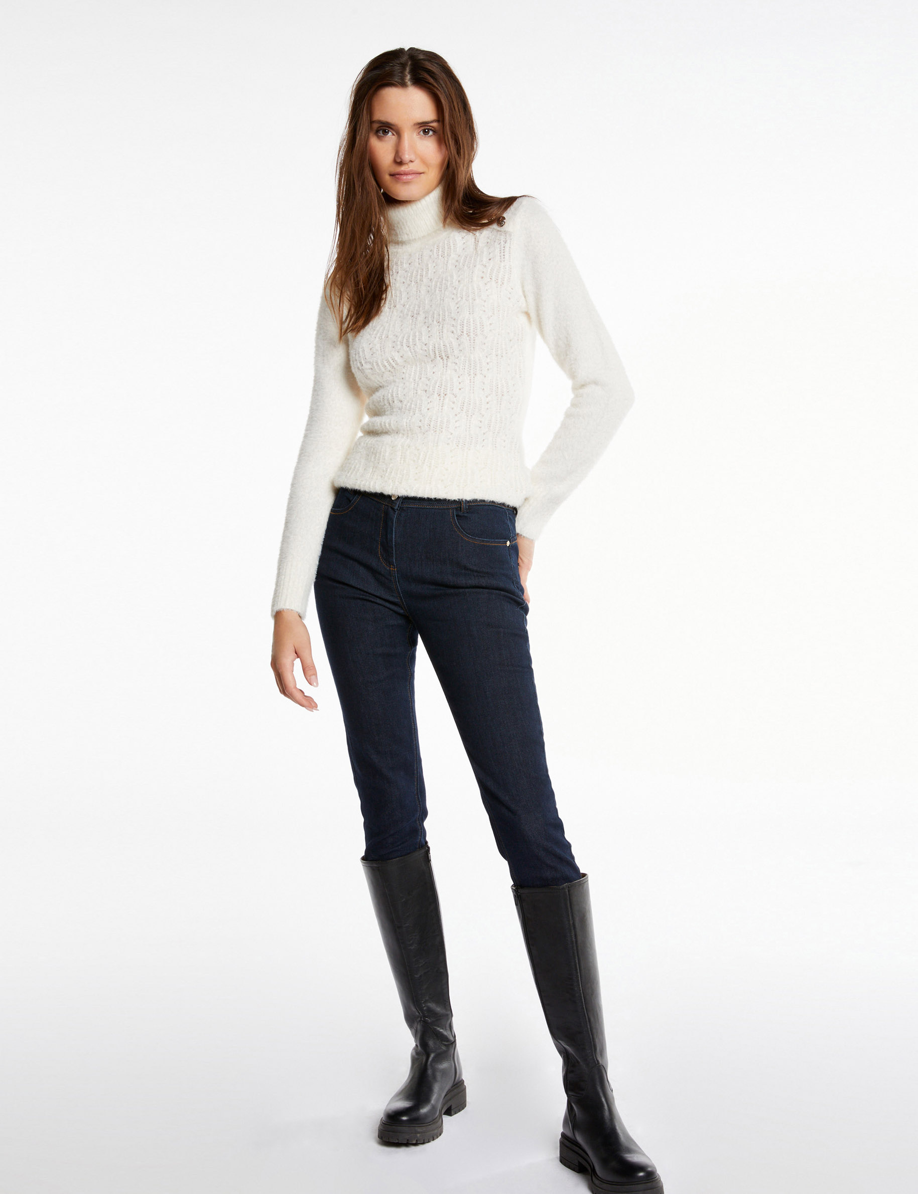 Pull manches longues ajouré col roulé ecru femme