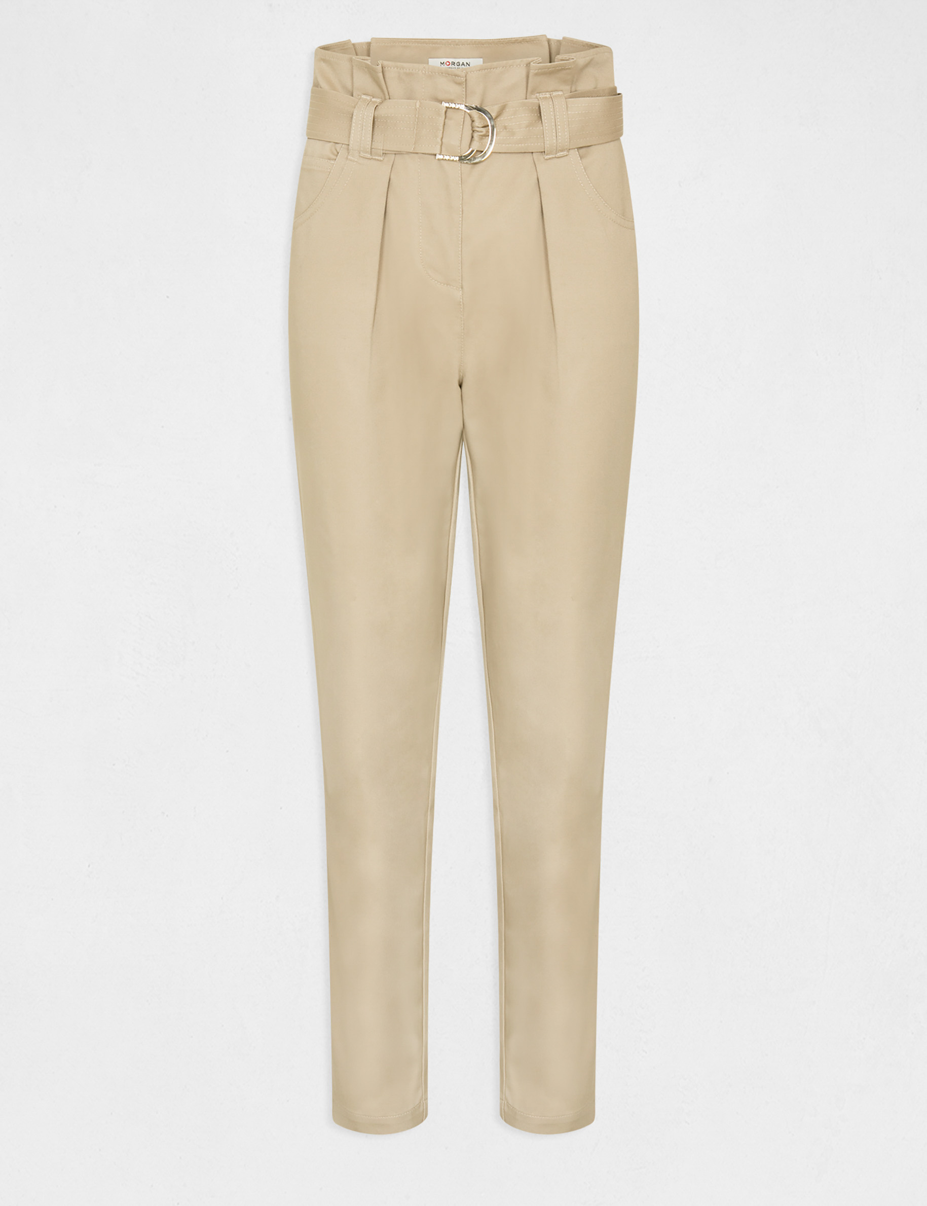Pantalon carotte ceinturée beige femme