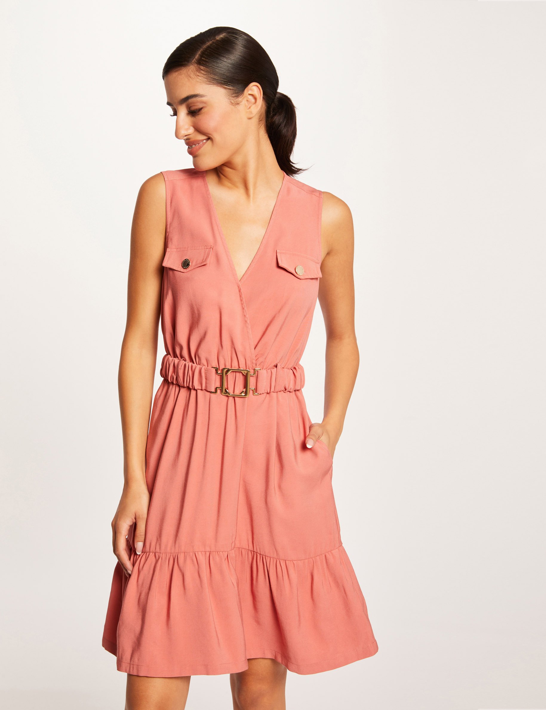 Robe droite fluide ceinturée rouille femme