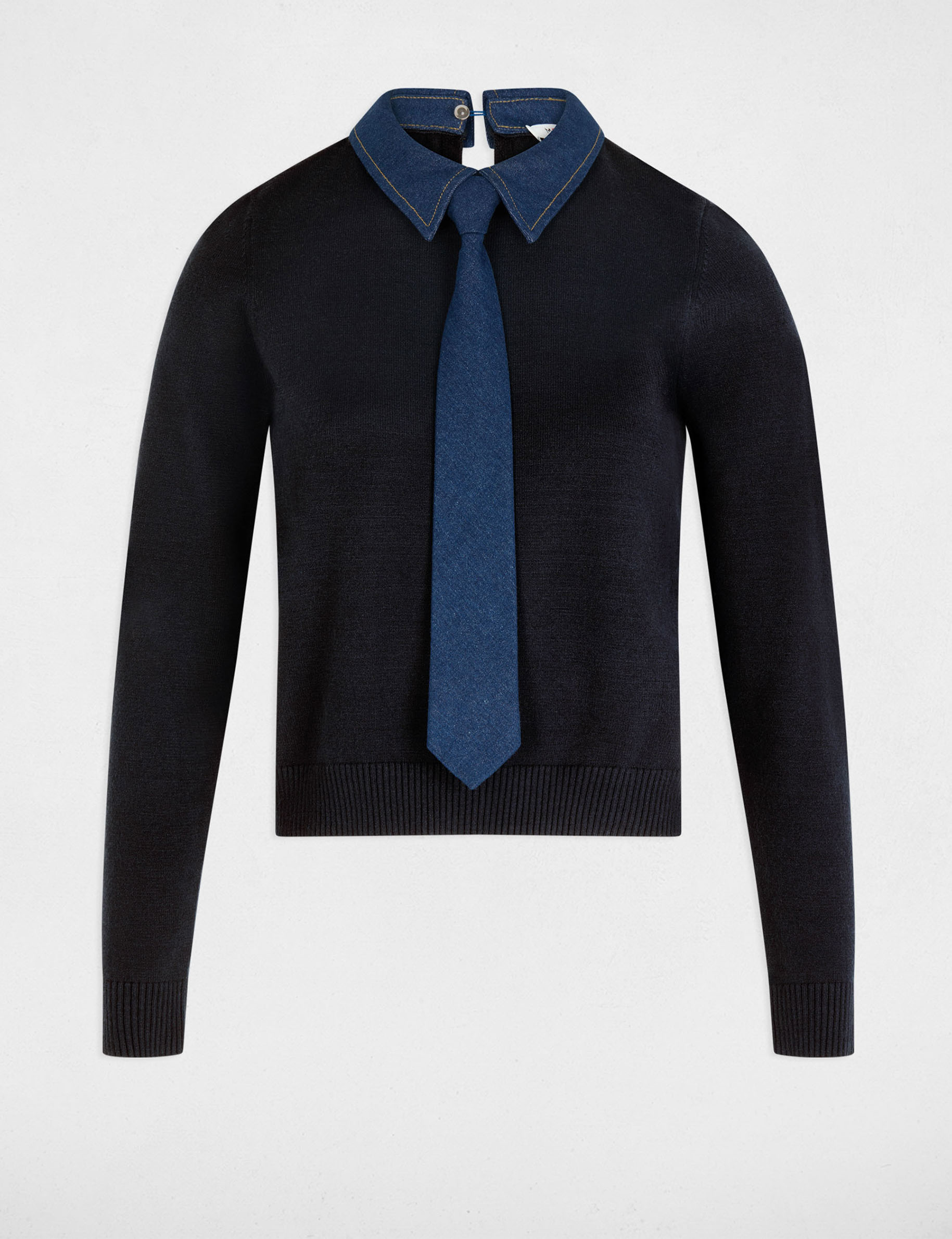 Pull col &agrave; revers bleu marine femme