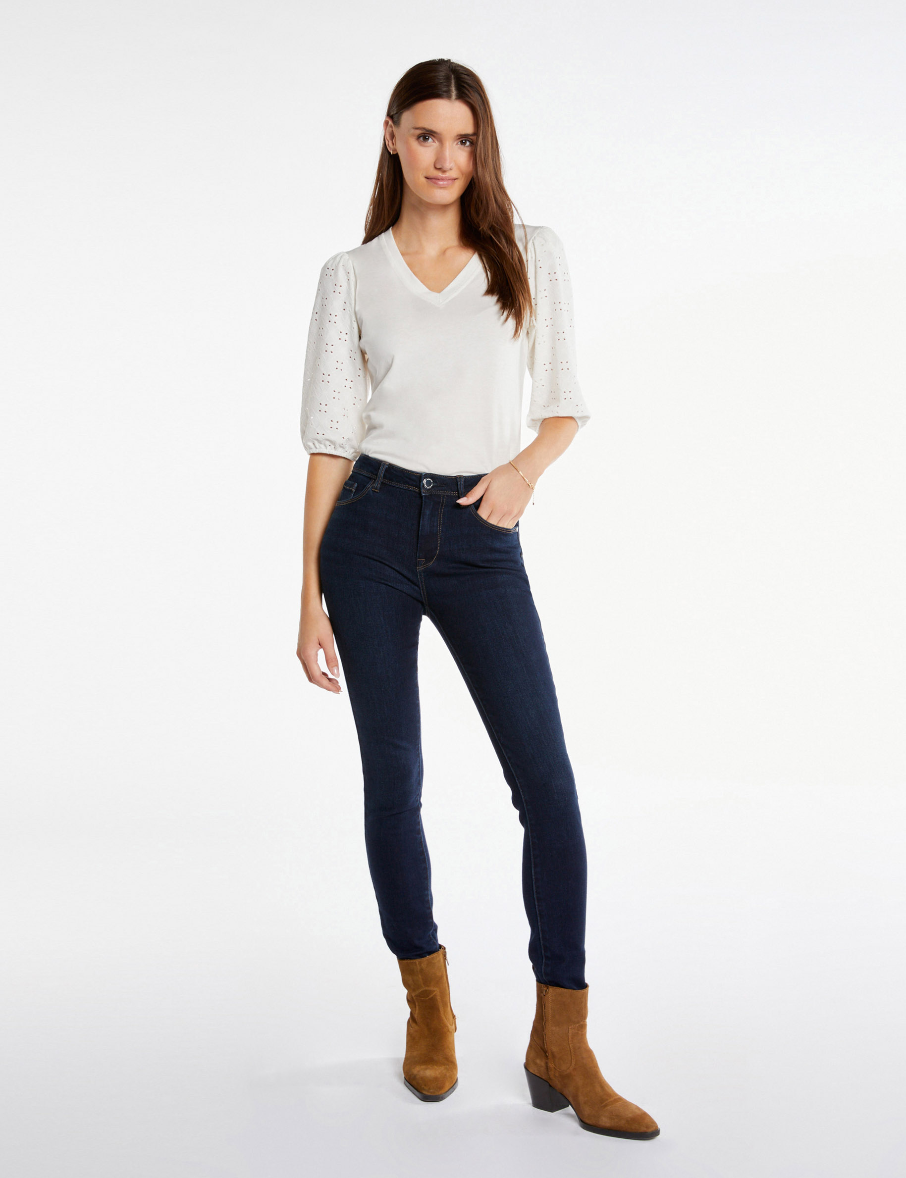 T-shirt manches 3/4 broderie anglaise ecru femme