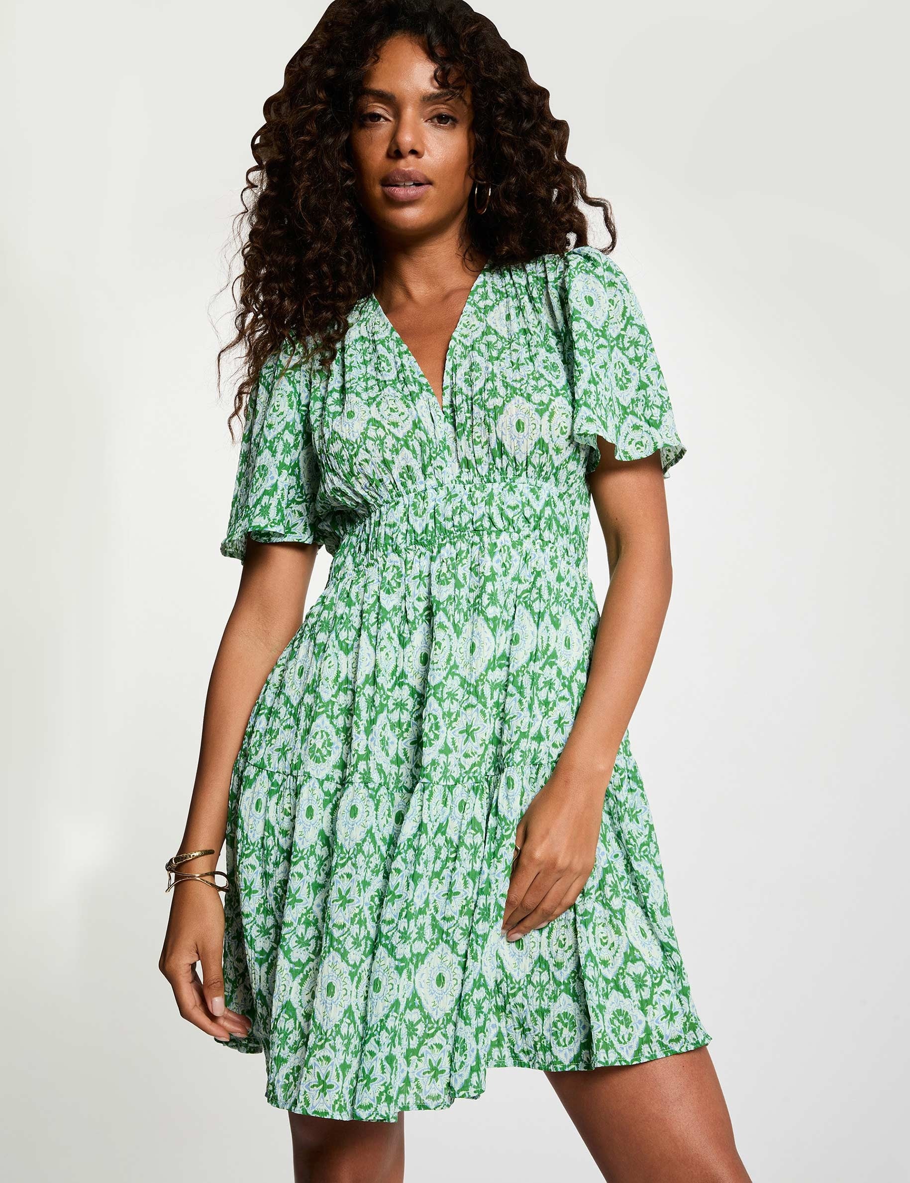 Robe courte col v multicolore femme
