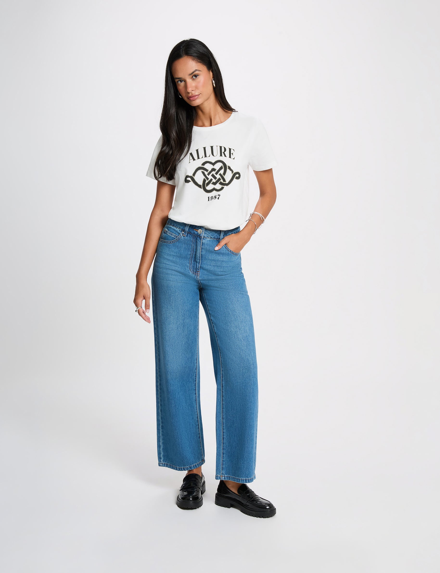 T-shirt imprim&eacute; col rond blanc femme