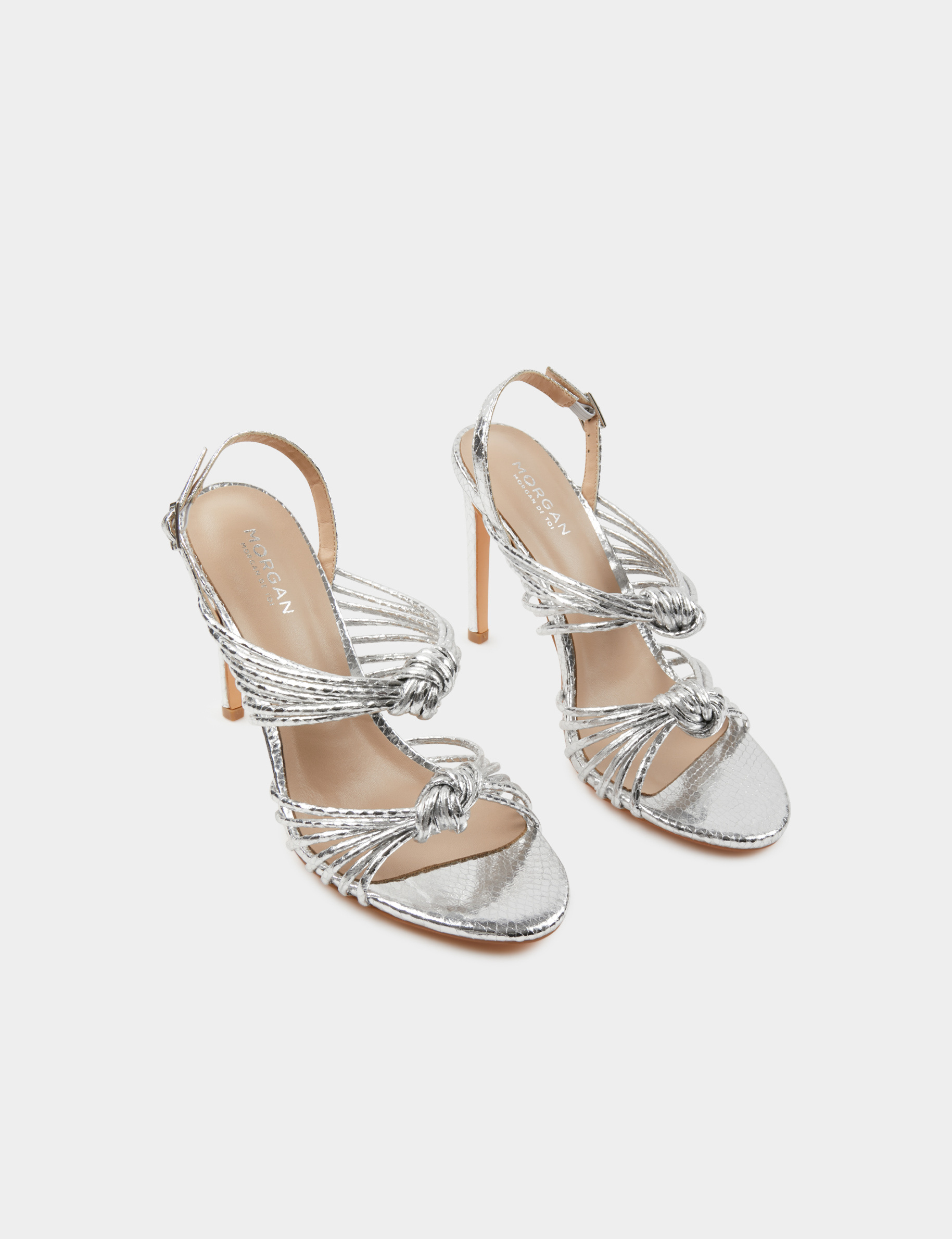 Sandales à talons avec brides nouées argente femme Sandales à talons avec brides nouées argente femme