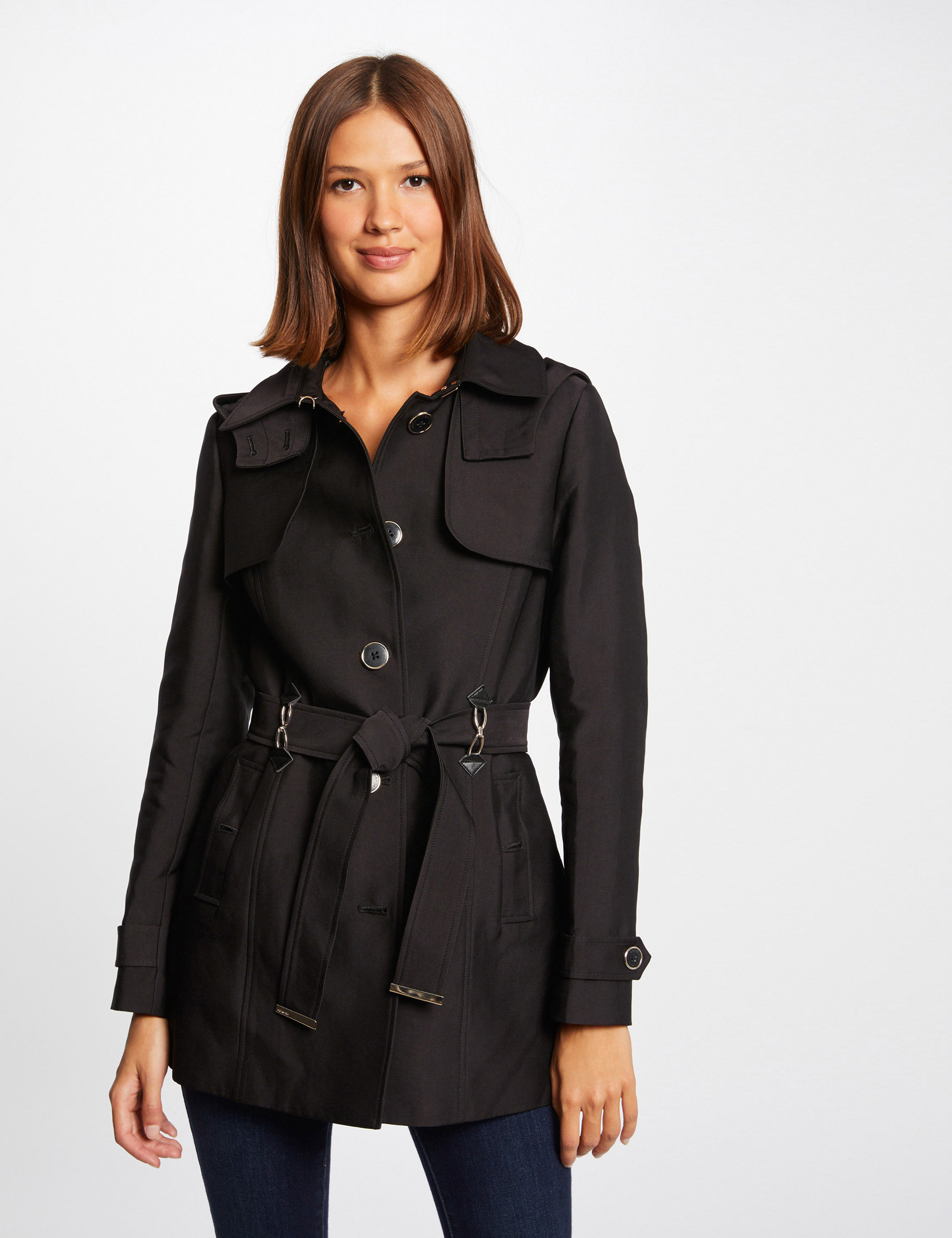 Trench droit ceinturé à capuche noir femme