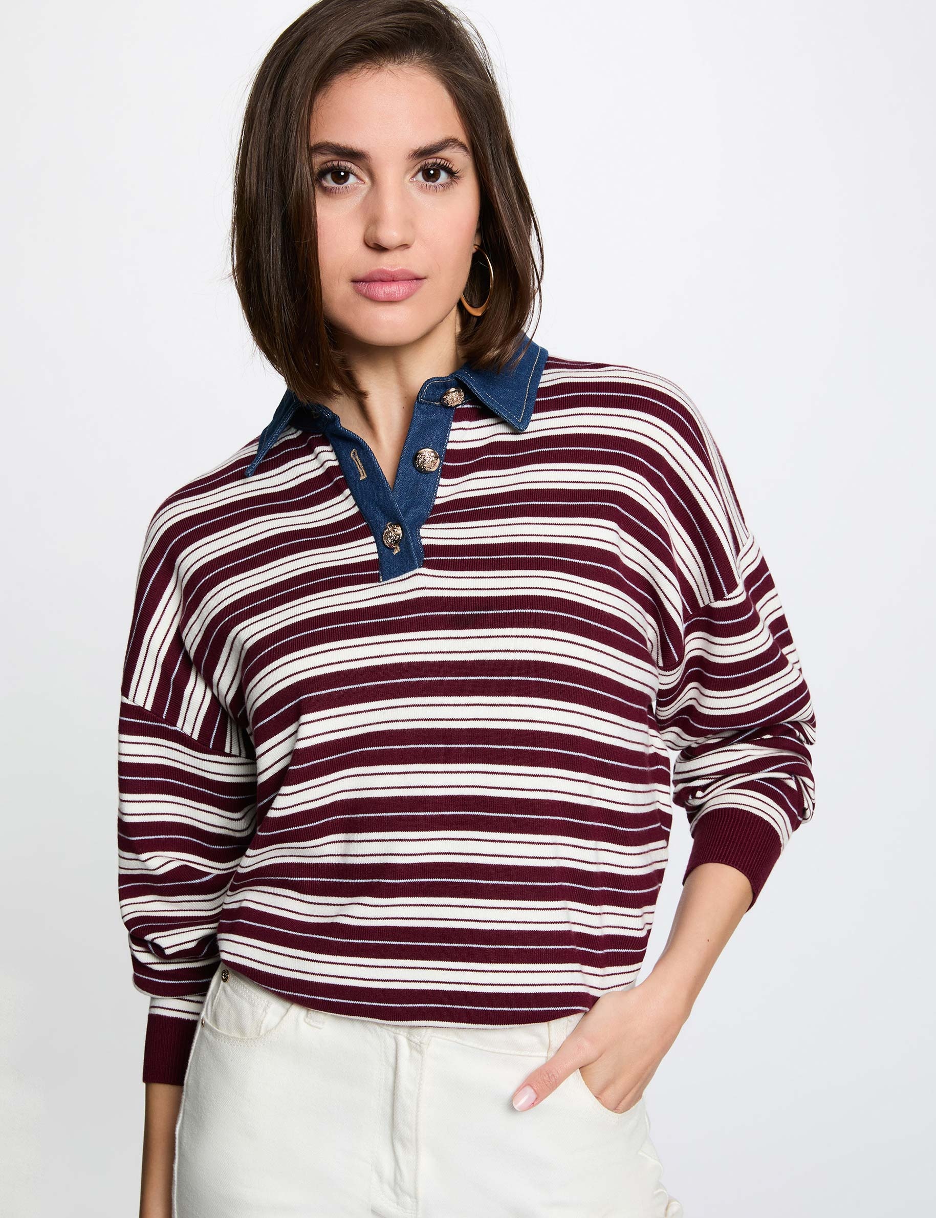 Pull ray&eacute; col &agrave; revers bordeaux femme