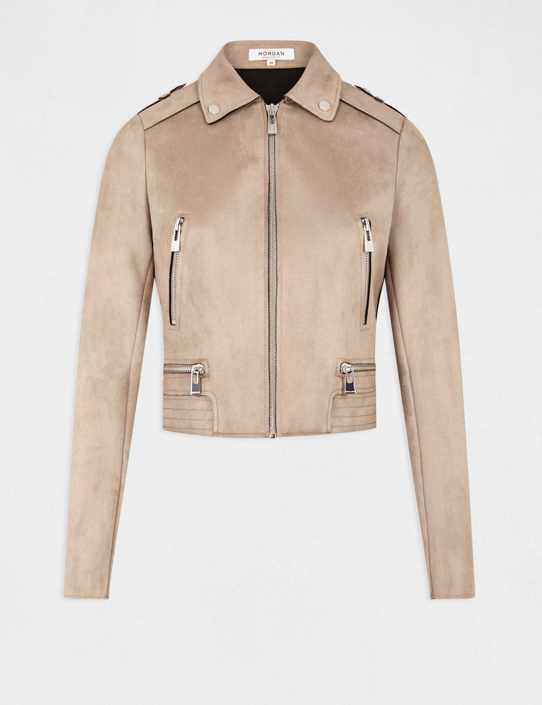 Blouson droit aspect suédine beige clair femme Blouson droit aspect suédine beige clair femme