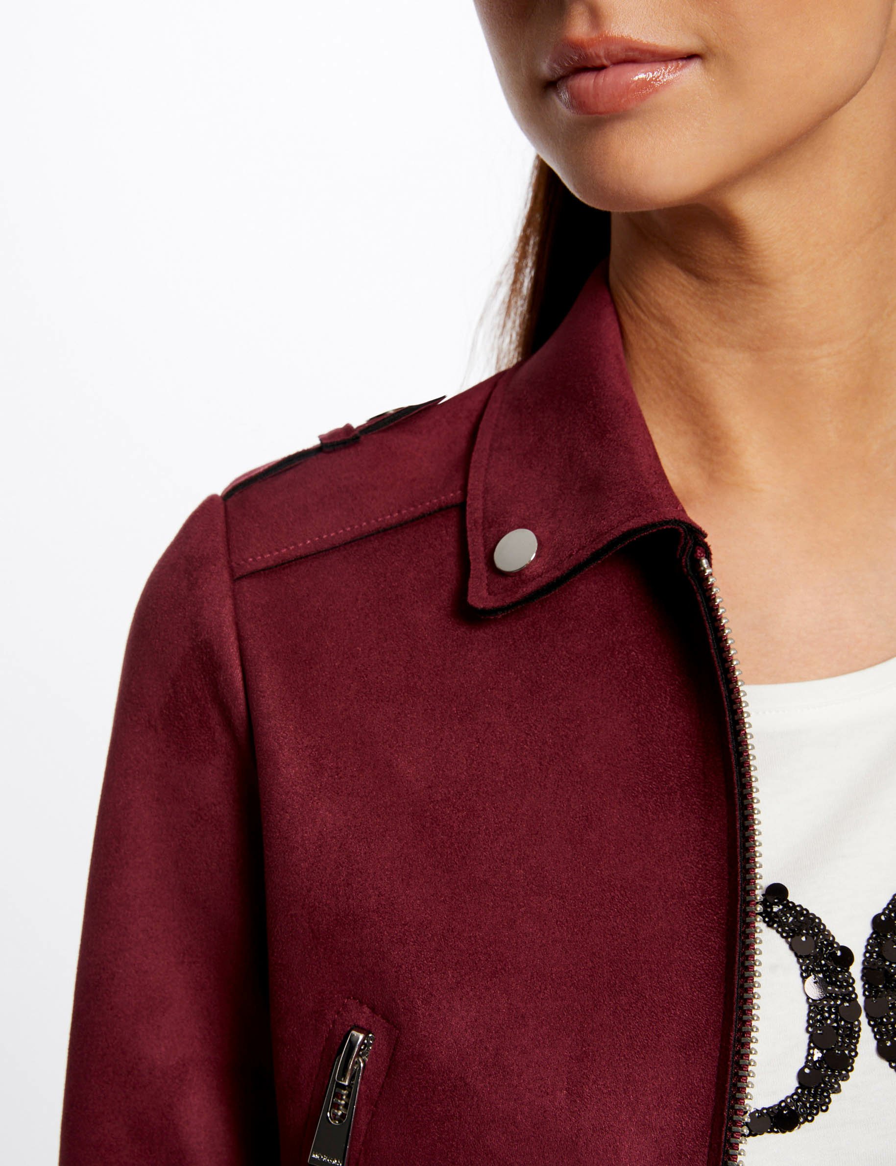 Blouson droit aspect suédine bordeaux femme